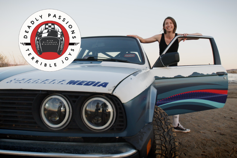 Kelly Conroy, author of the book 'Your Mom Races Rally,' poses with her BMW E30 racecar. The newsletter Deadly Passions, Terrible Joys called it "the best book I read in 2025."