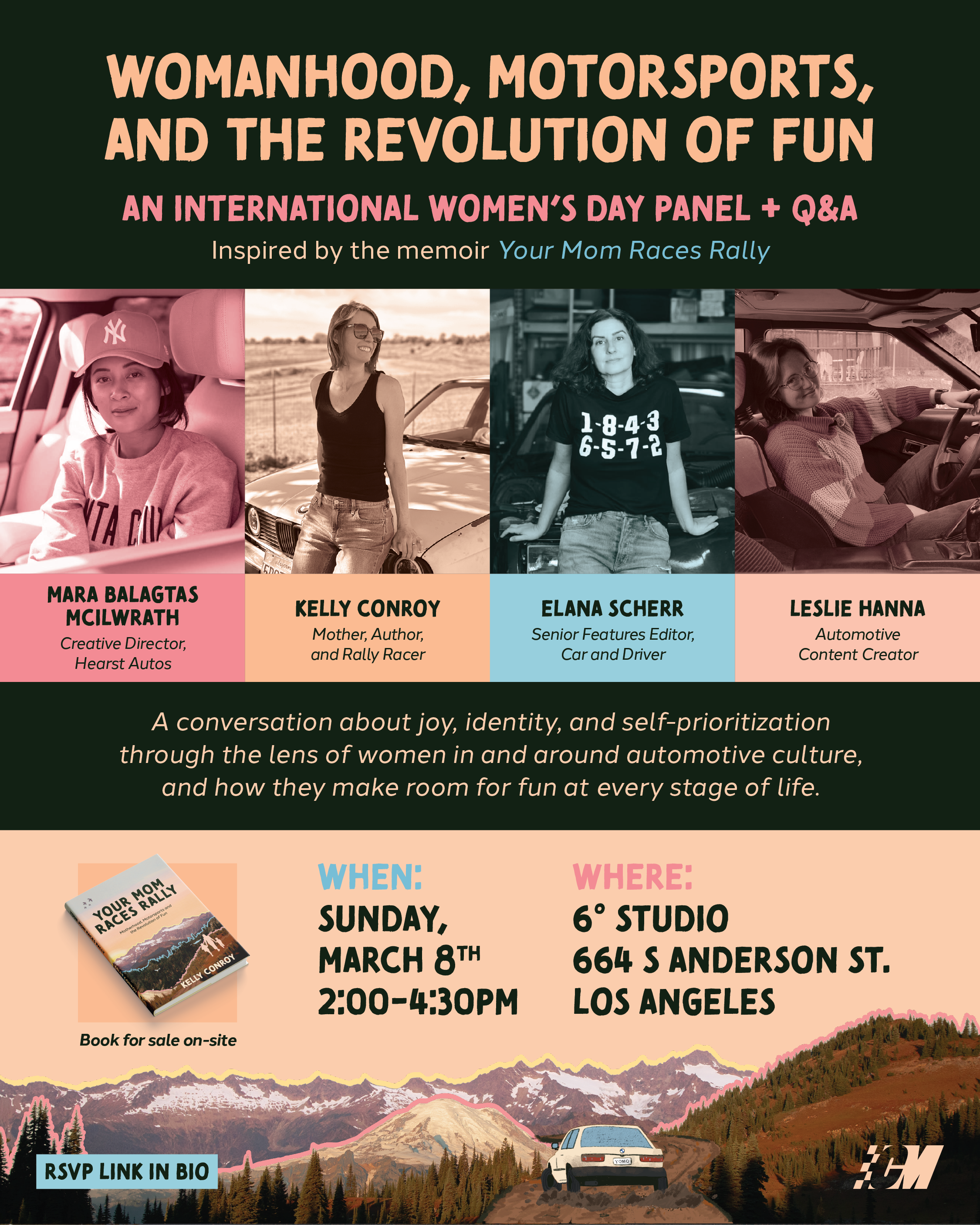 Event flyer for Your Mom Races Rally panel discussion on International Women's Day 2026, highlighting women in motorsports and female racing culture inspired by the new motorsports memoir by Kelly Conroy.