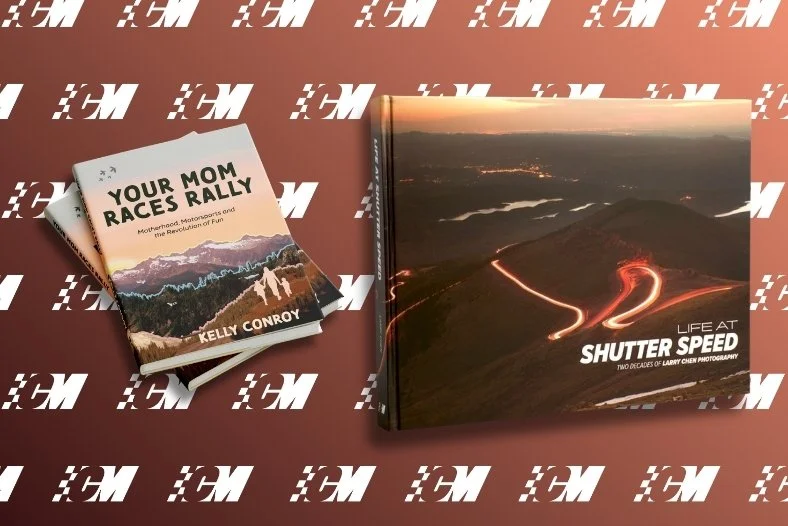 Your Mom Races Rally and Life At Shutter Speed, two automotive books published by Carrara Media, against an artful background. Your Mom Races Rally by Kelly Conroy and Life At Shutter Speed by Larry Chen.