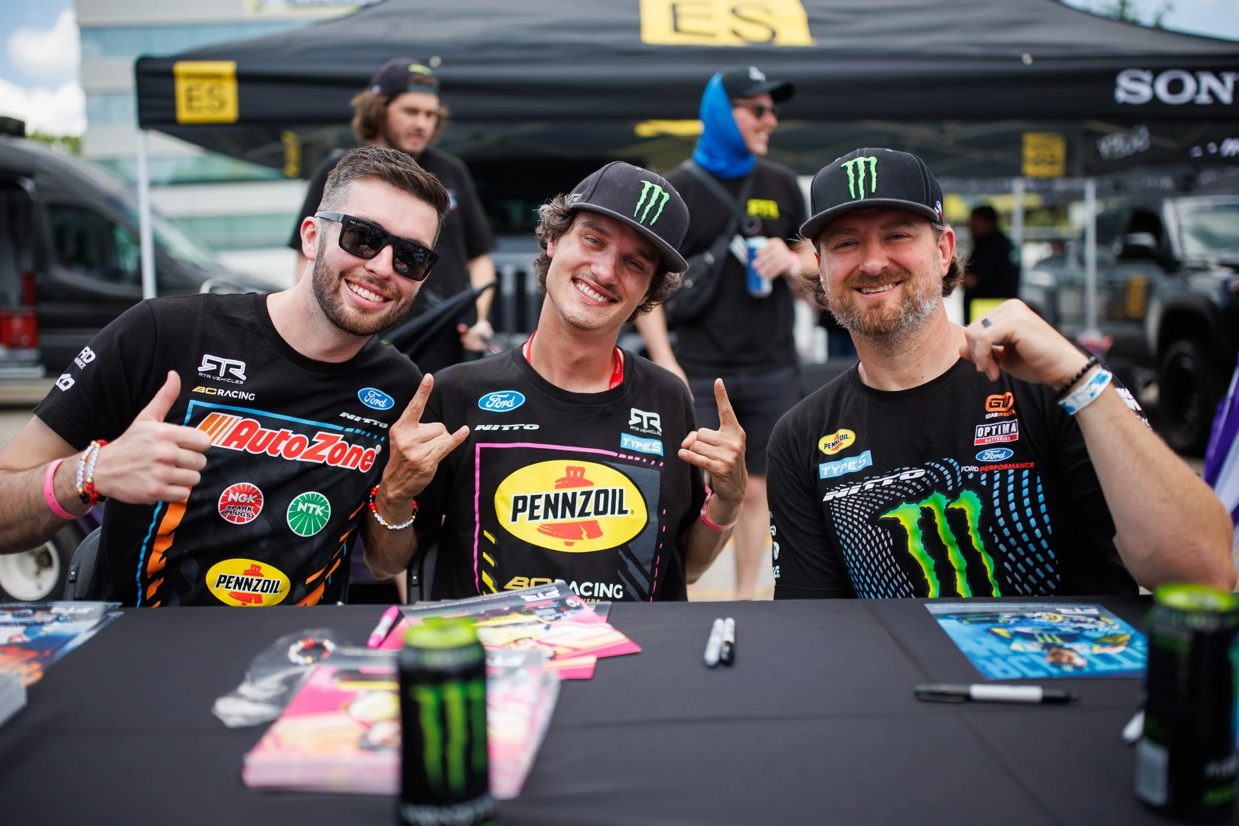 Formula Drift drivers James Deane, Ben Hobson and Vaughn Gittin Jr., founder of RTR Vehicles and author of "Ready To Rock," the new book about his impact on car culture. Photo by Larry Chen. Published by Carrara Media, 2026.