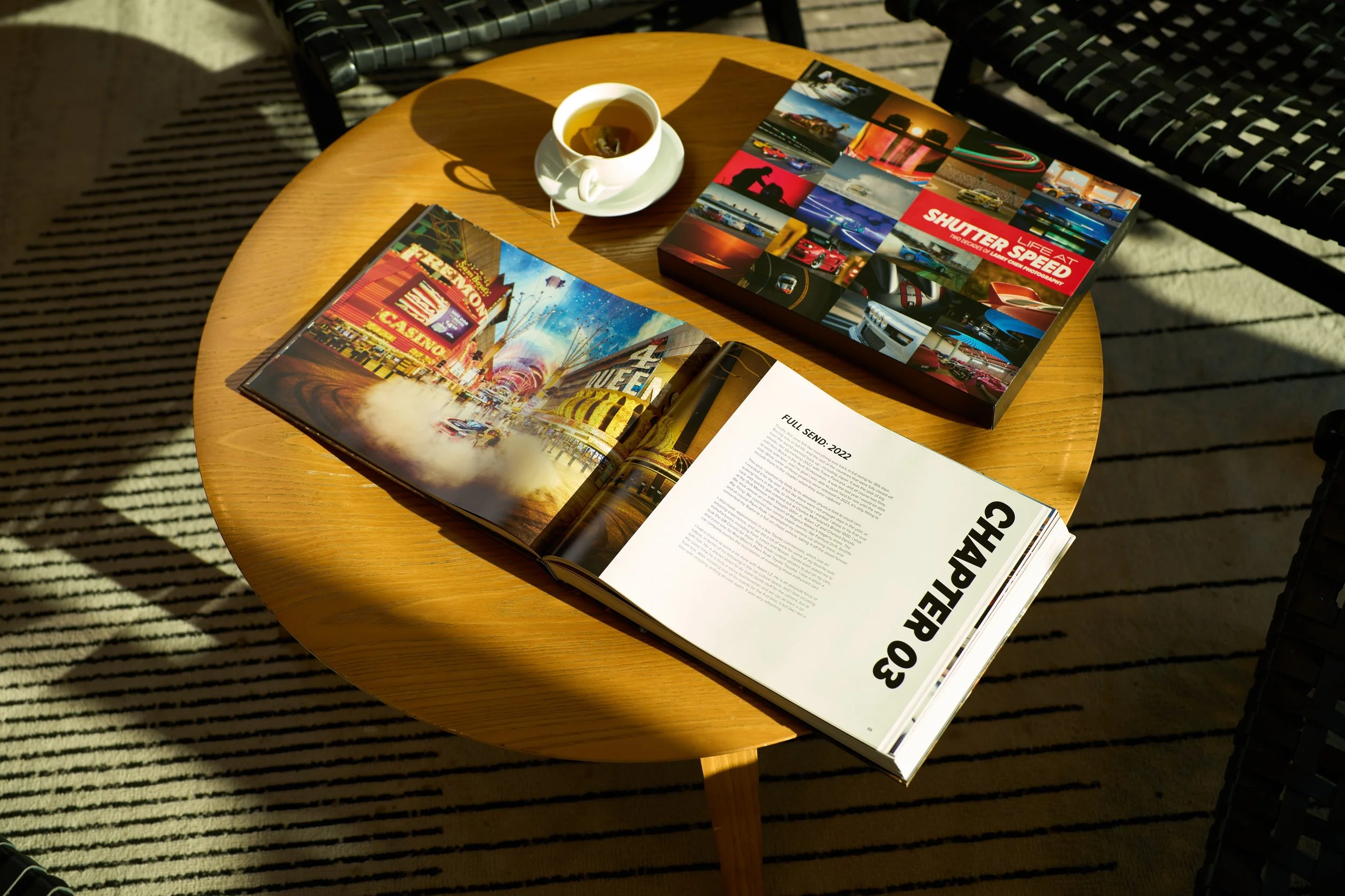 Life At Shutter Speed automotive photography book, interior pages and spread of Ken Block shooting Gymkhana.