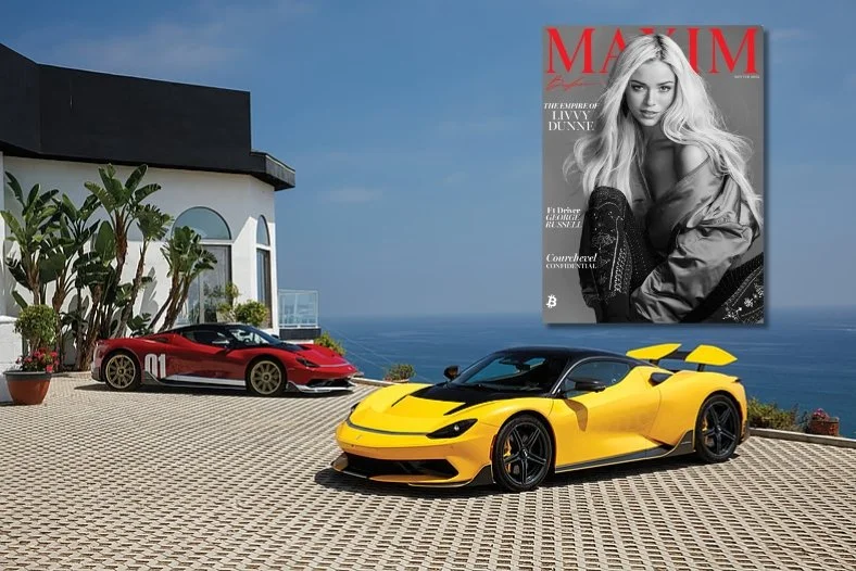A photo of two supercars from 'Life At Shutter Speed,' by automotive photographer Larry Chen, superimposed with the Winter 2025 issue of Maxim Magazine featuring an interview with Chen inside.