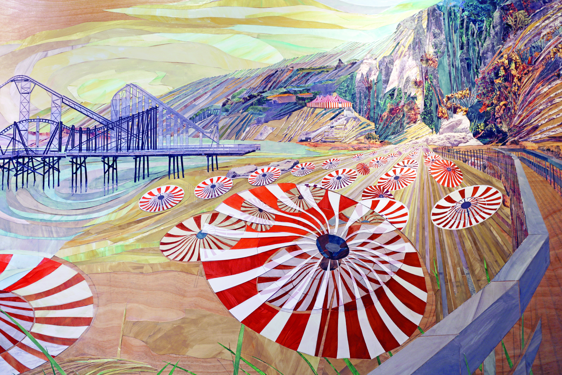 Malibu, 2019; gouache and mixed media collage on wood panel; 48 x 72 inches. Courtesy of artist.
