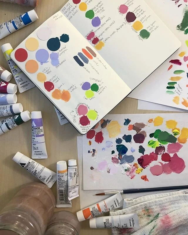 Today&rsquo;s mess: color palette studies 🎨💜
.
#art #acrylagouache #colorpalette #color #painting #sketchbook #gouache
