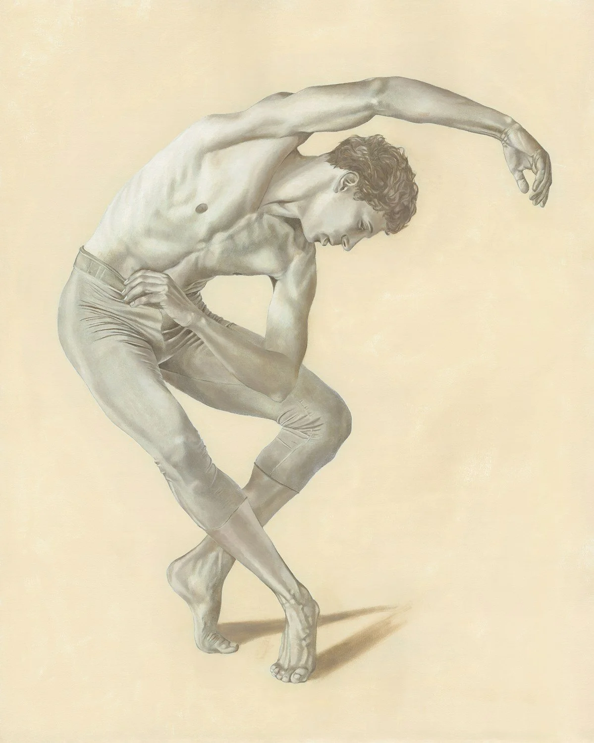 A highly detailed grayscale drawing of a male ballet dancer in a dynamic pose with one arm stretched over his head and the other bent across his chest, standing on one leg with the other leg slightly bent and raised.