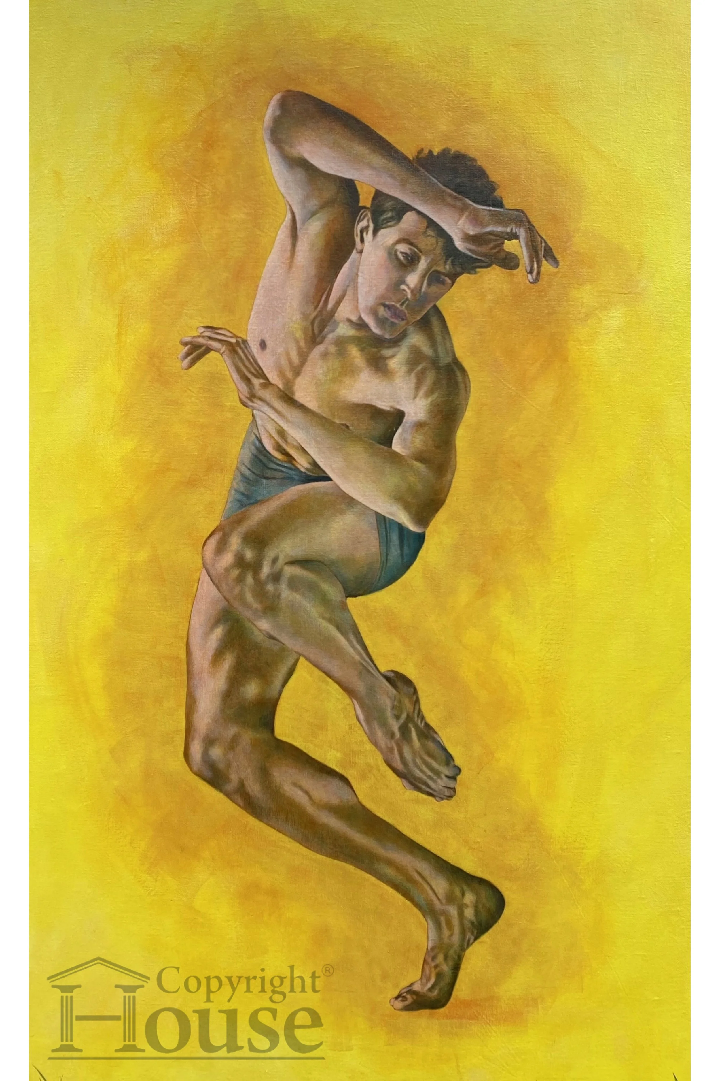 Watermarked - Reuben Turning 1 by Rachel Foister, fine art oil paining, 2023, single male dancer figure with yellow background
