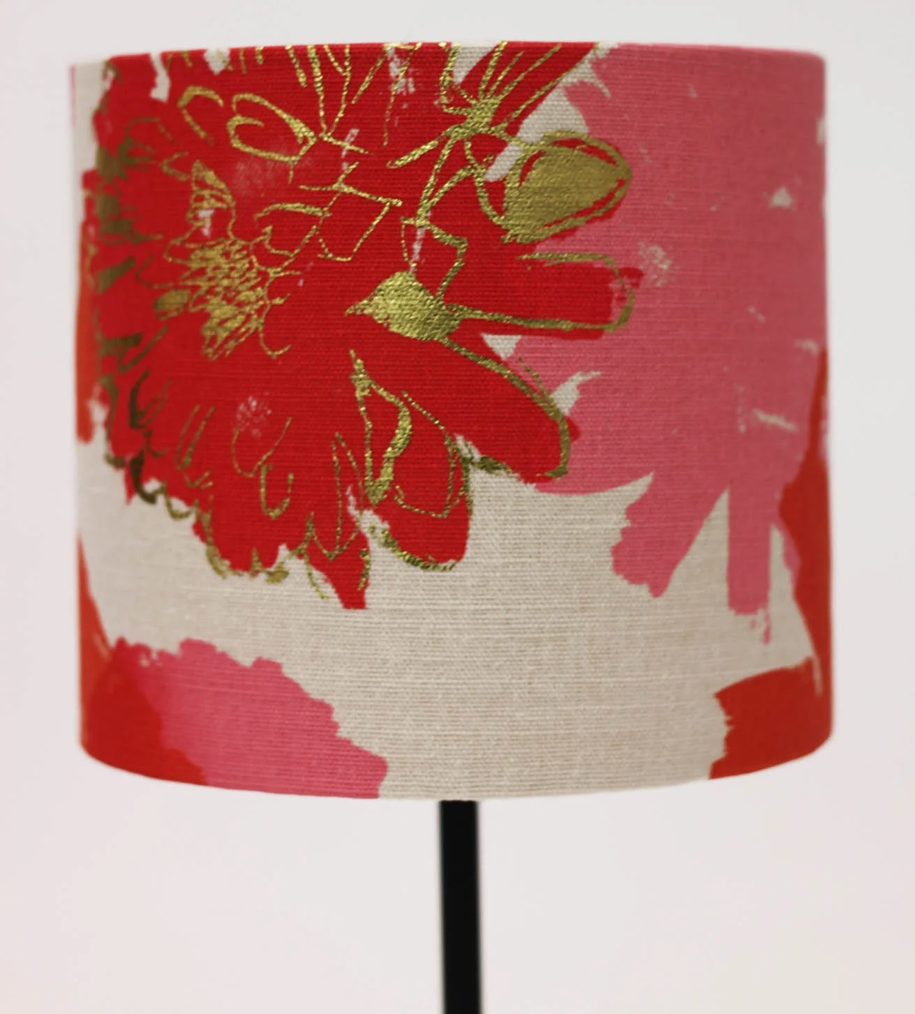  Cotton linen mix fabric, hand printed with pigment inks and gold foil, scattered chrysanthemum silhouettes. 