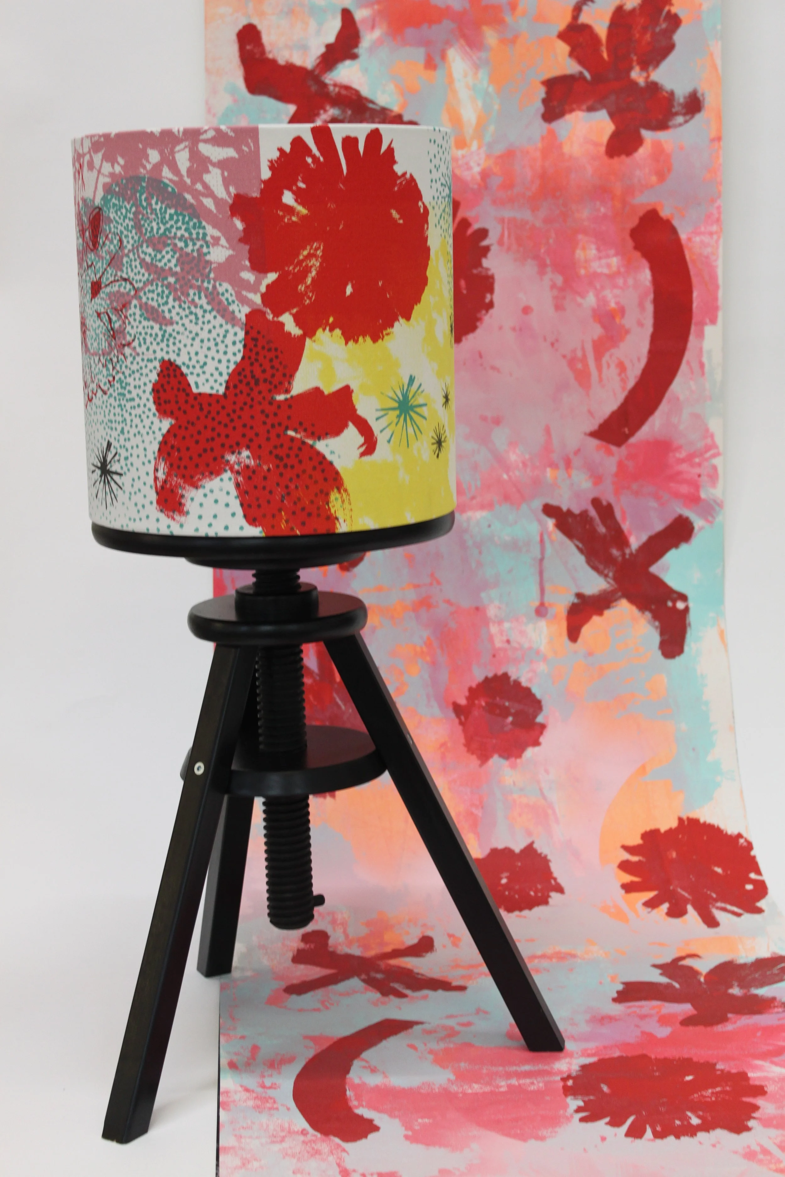  Hand printed light shade and Wall paper panel. 