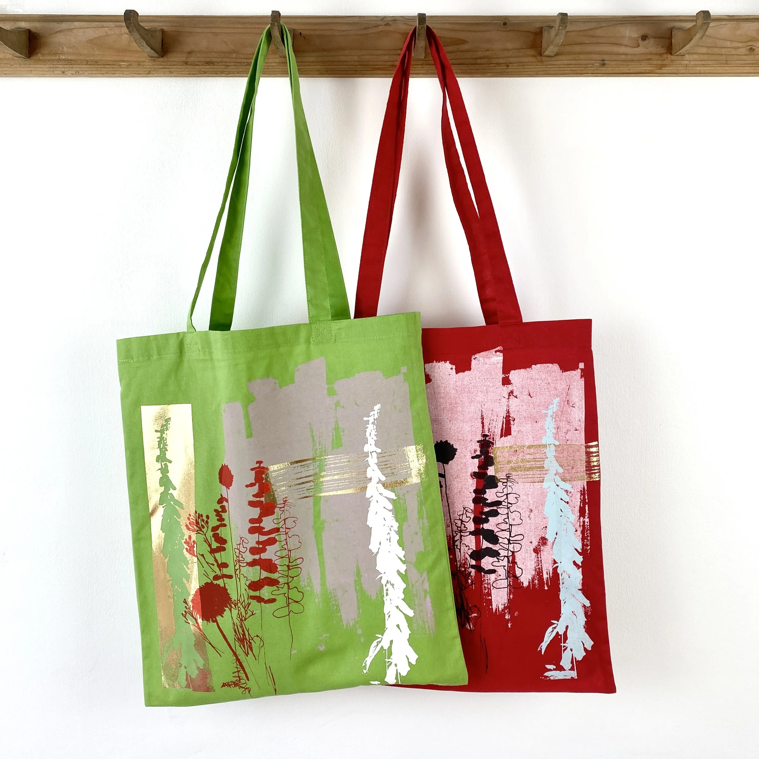 Red or Green Tote Bag with Foxgloves