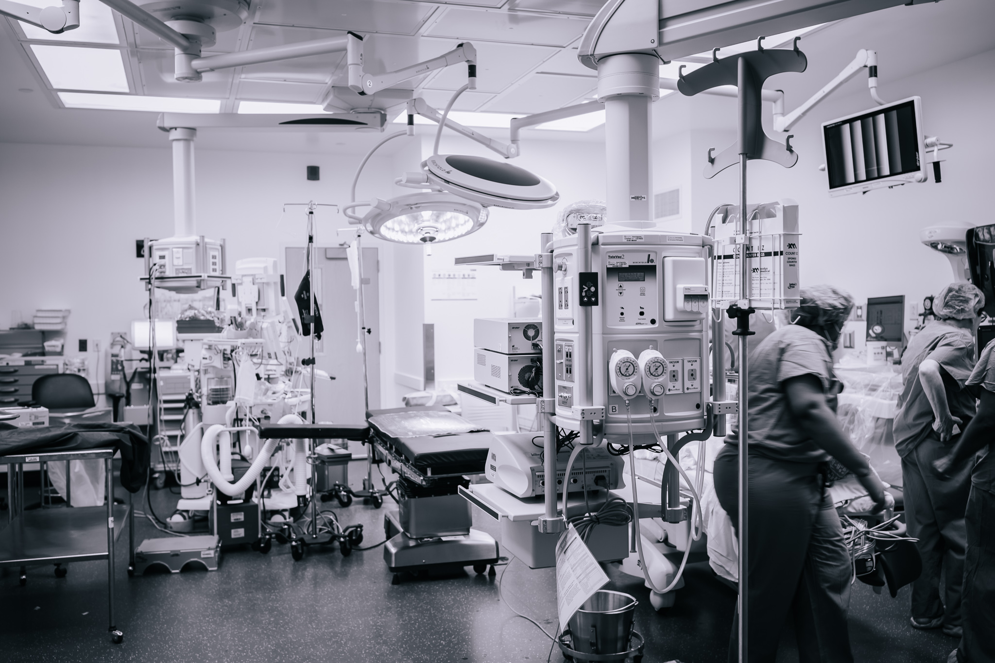 black and white image of a labor and Delivery Operating room.