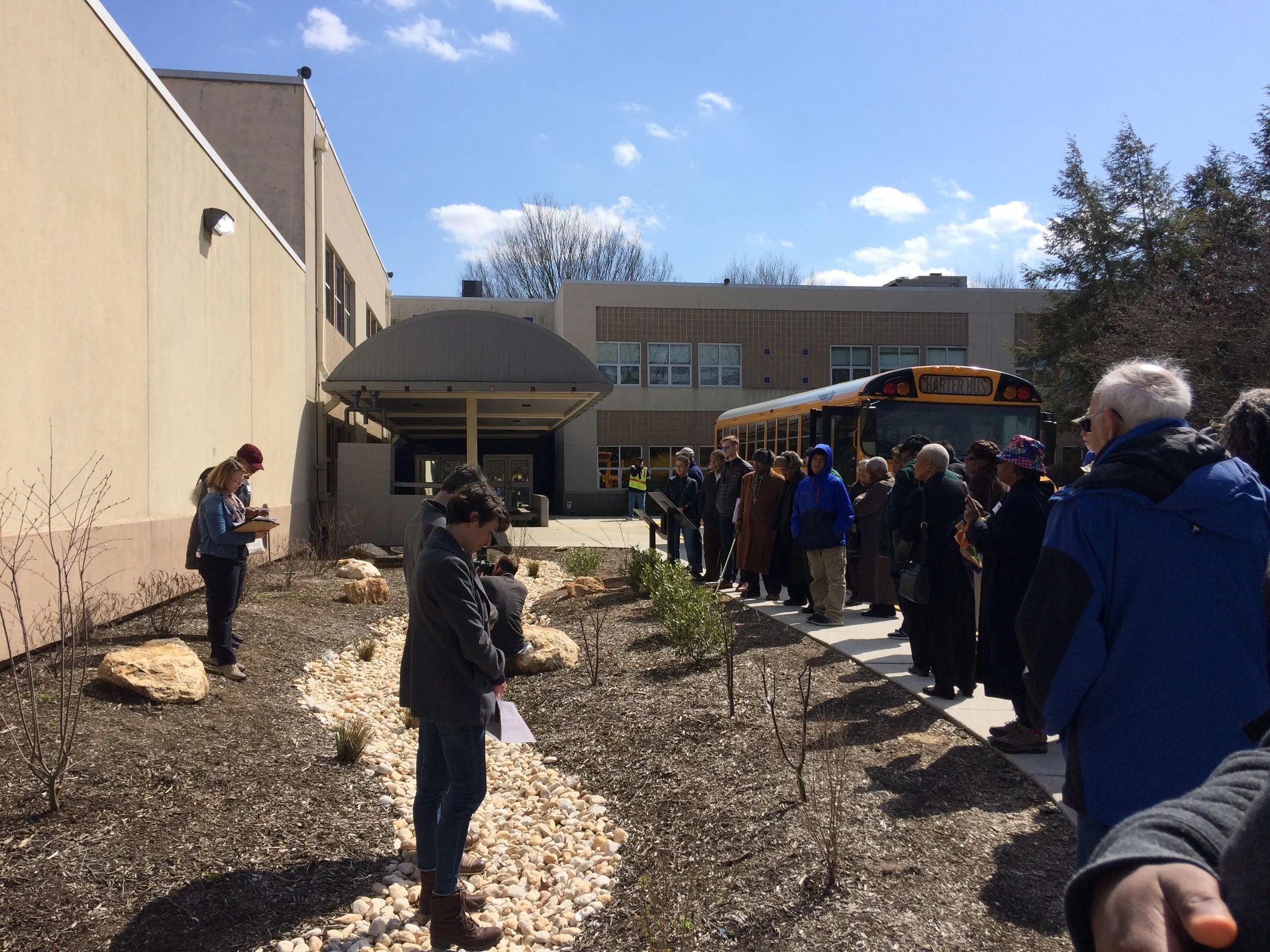 The rain garden at Chizuk Amuno is designed to filter 2.8 million gallons of run off annually from their 4300 sq. ft. roof.