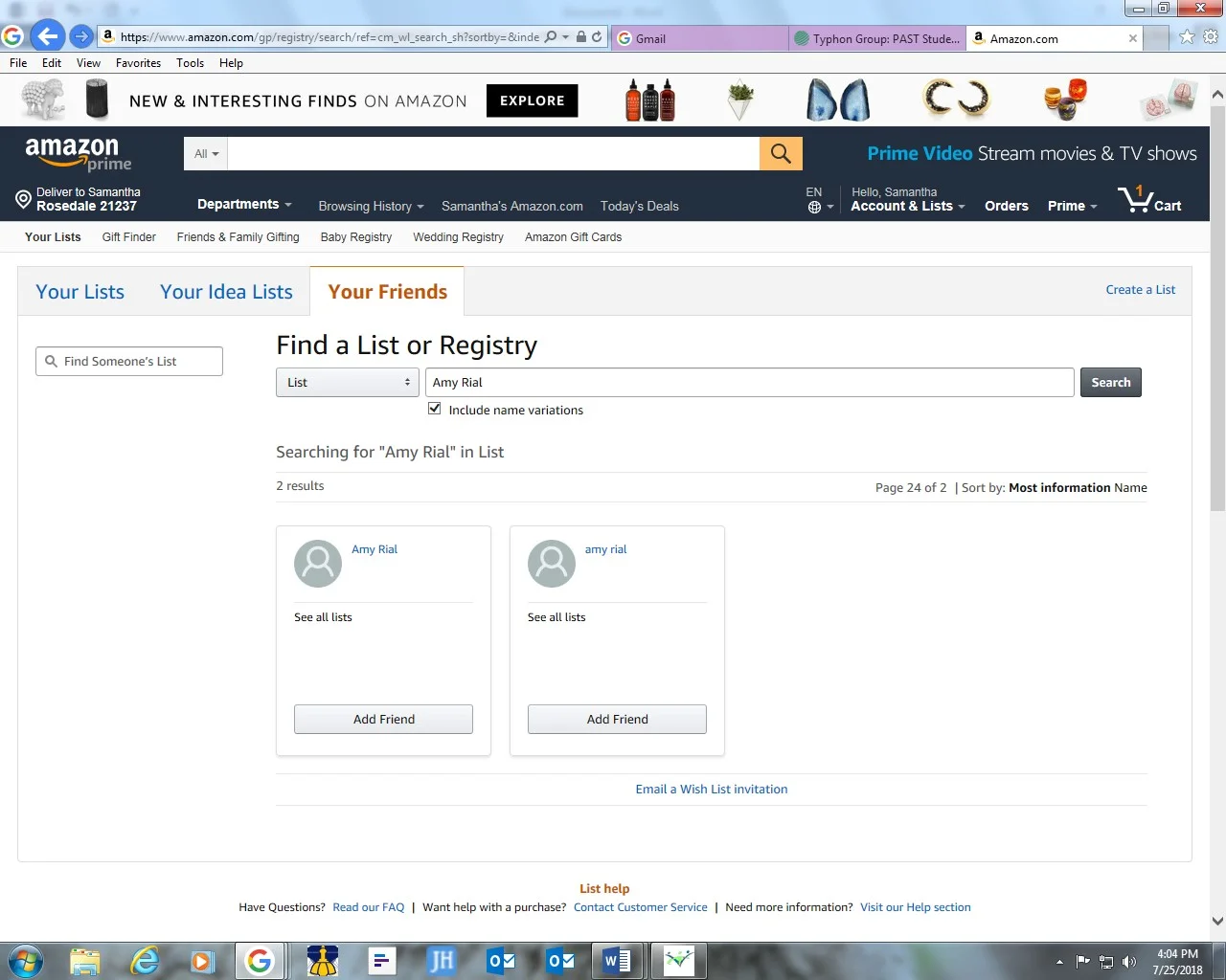 Type in Amy Rial in the Find a List or Registry dialogue box. 
