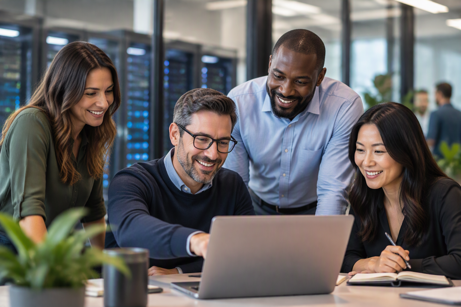 Four professionals collaborate around a laptop in a modern office, with server racks visible in the background.