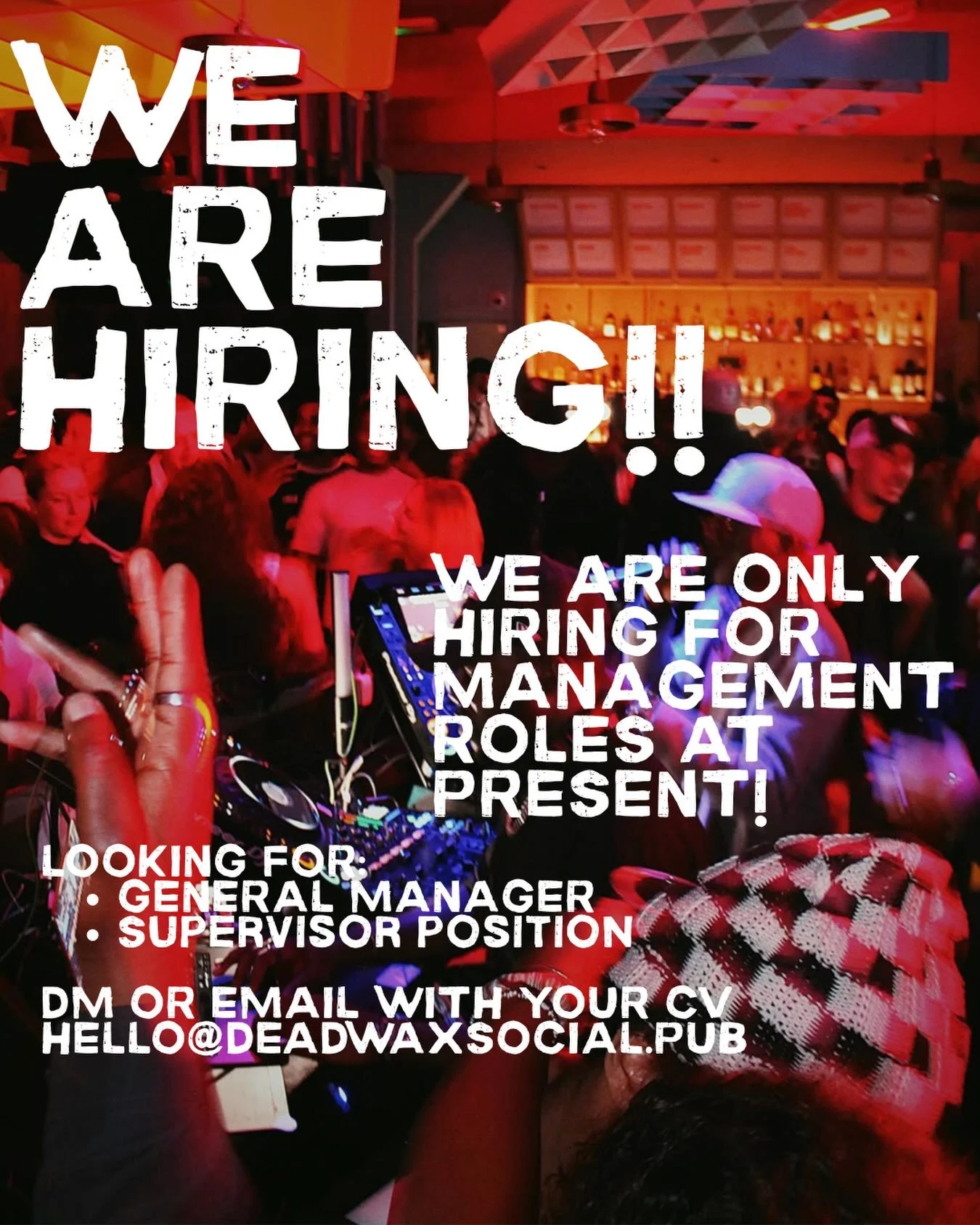 We are hiring! 

Dead Wax Social is a centre-of-town pub, listening space, and community hub thats open day to late night! 

We&rsquo;re a HI-Fi music led venue that celebrates and platforms the sounds of the Afro-Caribbean diaspora&amp;more 🖤

We&r