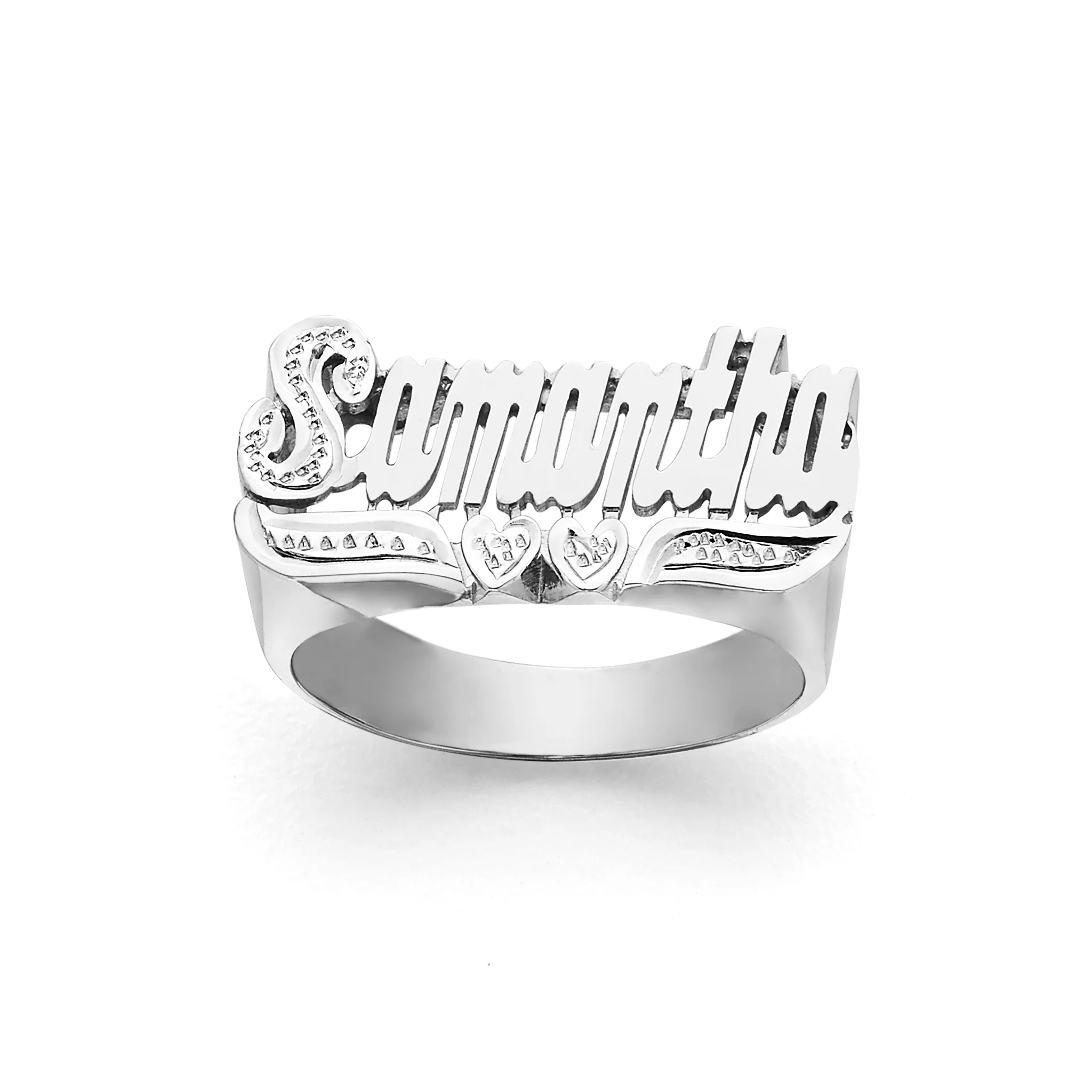 SNS113DC - Sparkling Double Heart Tail Name Ring