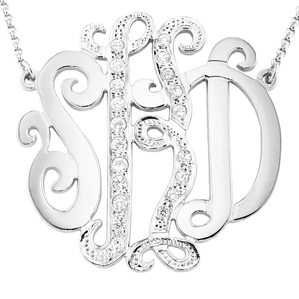 Mono 150cZ Sterling Silver 1.5” (38mm) Size with CZs on Monogram Necklace.