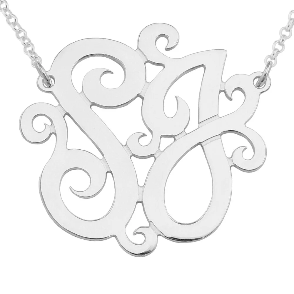 Mono TWOZ Sterling Silver Script Letter Two Initials Monogram Necklace.