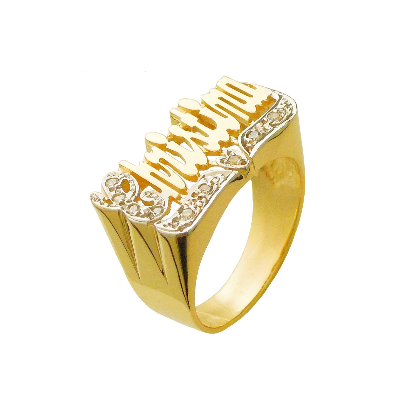Item: LEE112M Custom Gold Name Ring Solid Gold 10k or 14k Fine Jewelry Sparkling First Initial and Heart Tail