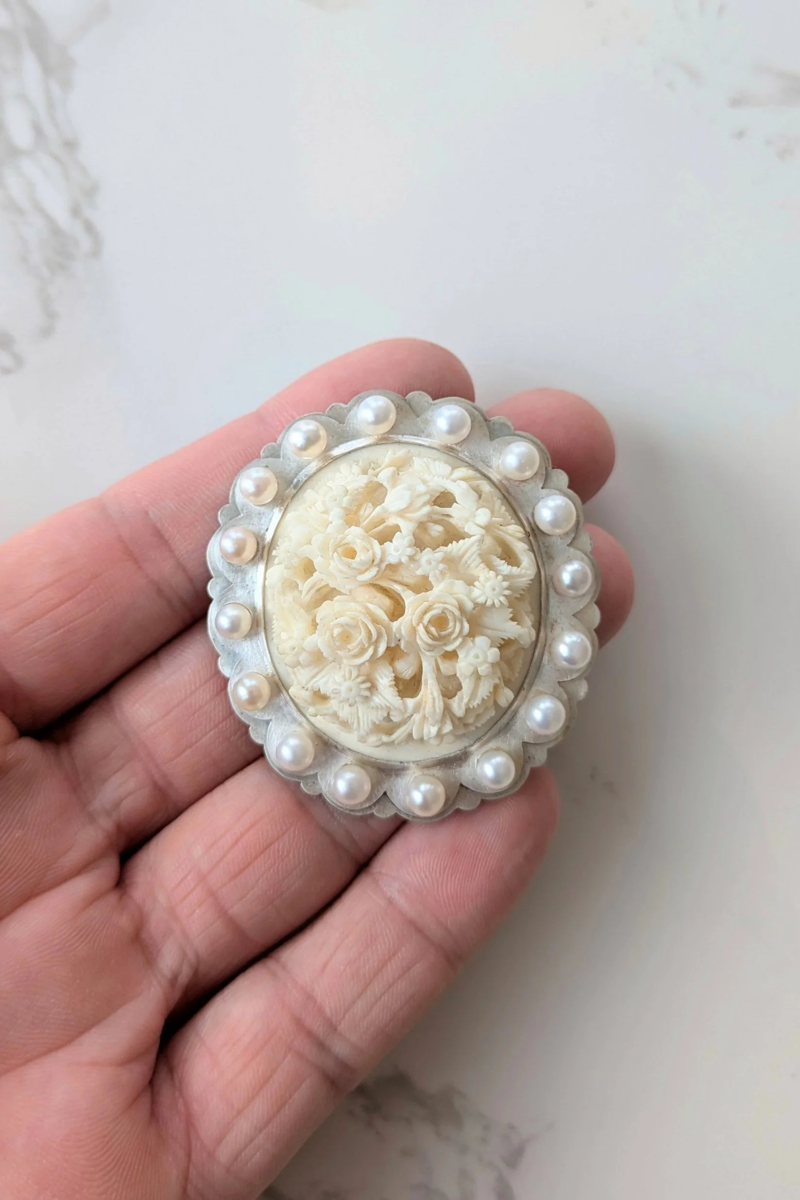 Carved Bone and Pearl Brooch