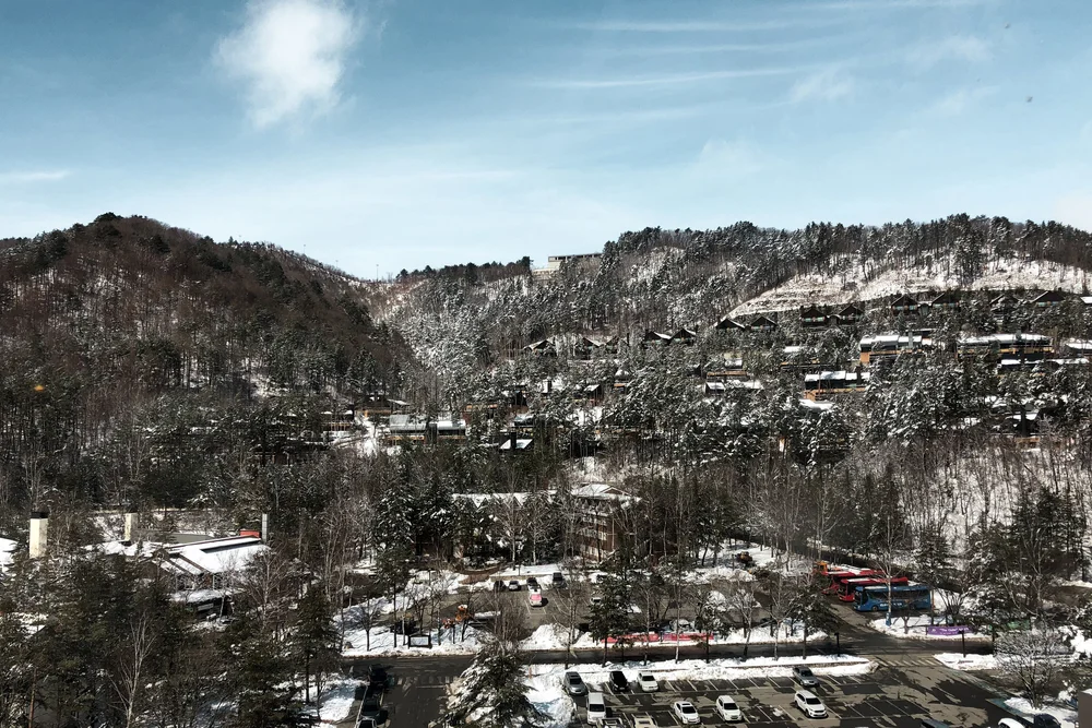  The view from the top of  Yongpyong Resort Dragon Valley Hotel . We didn’t stay here, but we’ll probably try it next year. It’s really close to the ski slopes, you just have to take the lift downstairs. 