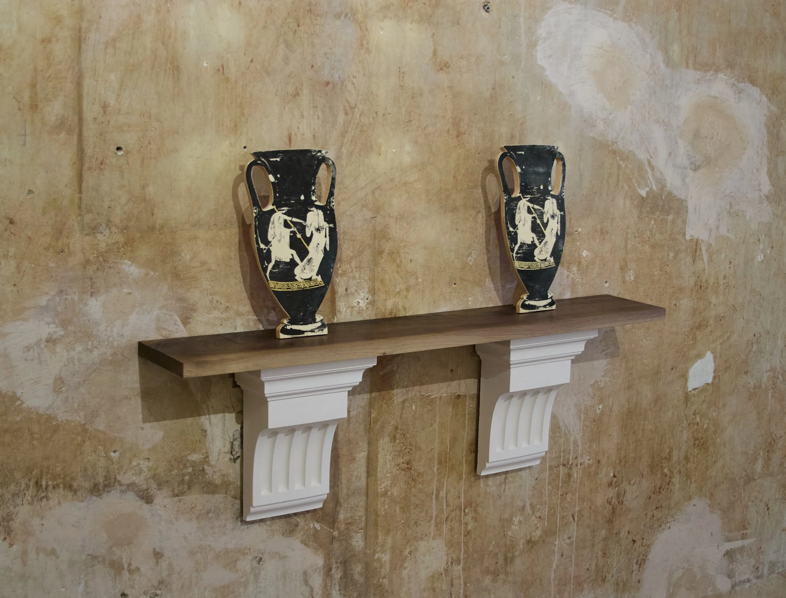   Cast plaster, walnut, slab-constructed crank (with ceramic slip screenprint and gold leaf gilding). 2023  