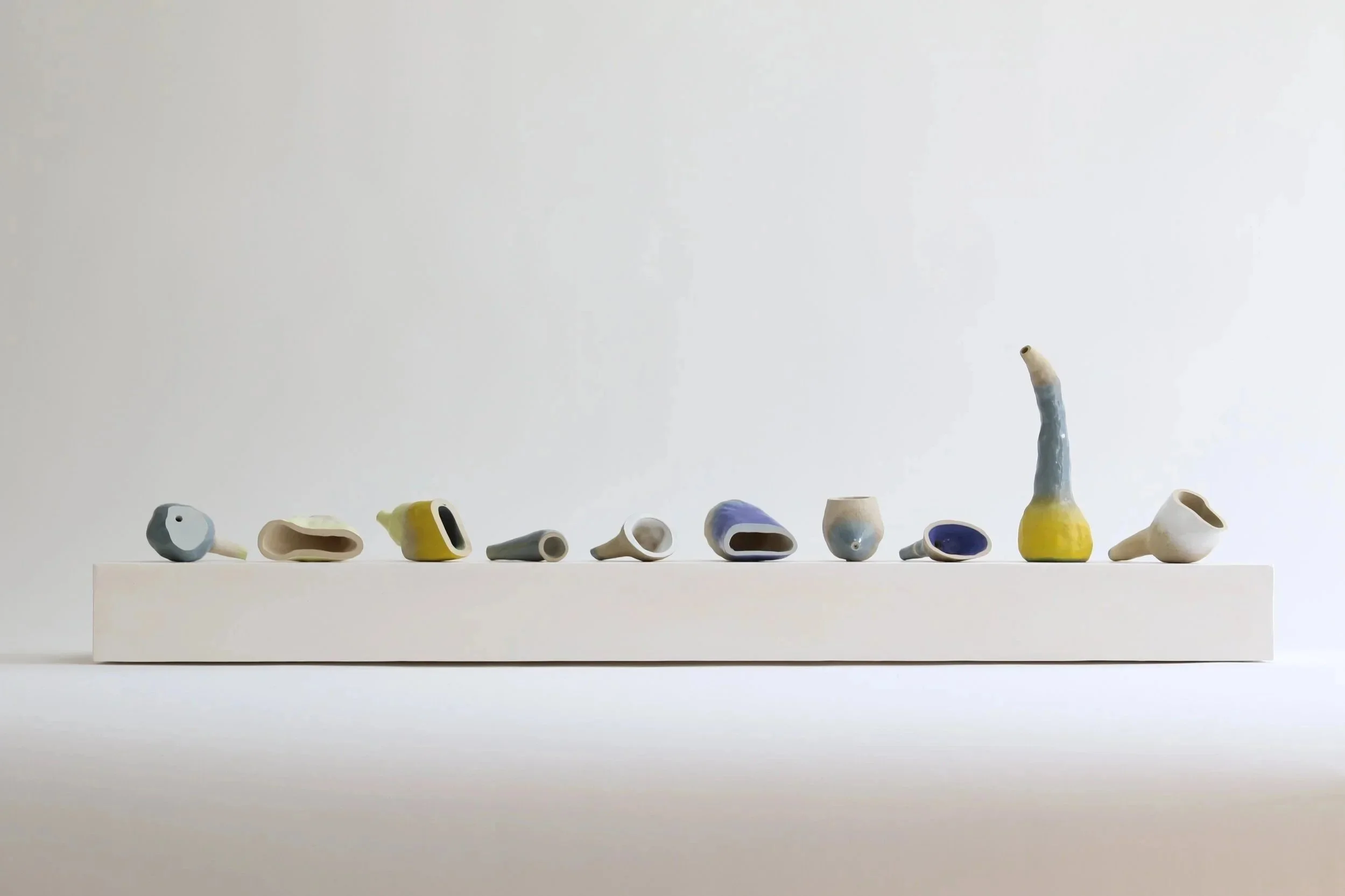   Hand-modelled stoneware (with sprayed polychrome glaze), polished cast plaster. 2014  