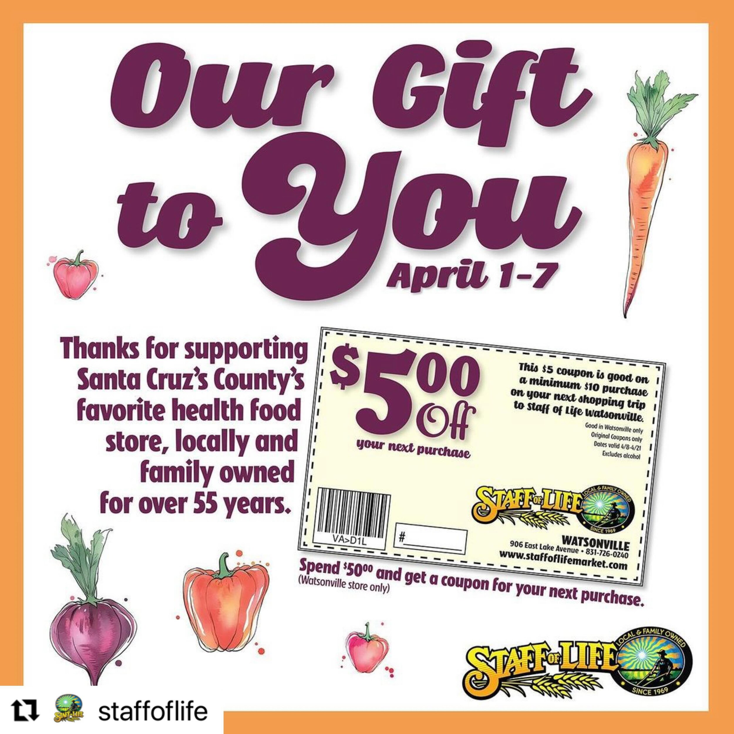 #Repost @staffoflife
・・・
Starting tomorrow (April 1) in Watsonville! Thank you for supporting Staff of Life Natural Food! Santa Cruz county&rsquo;s favorite locally owned natural foods grocer for over 55 years. Come on in and get your five dollar cou