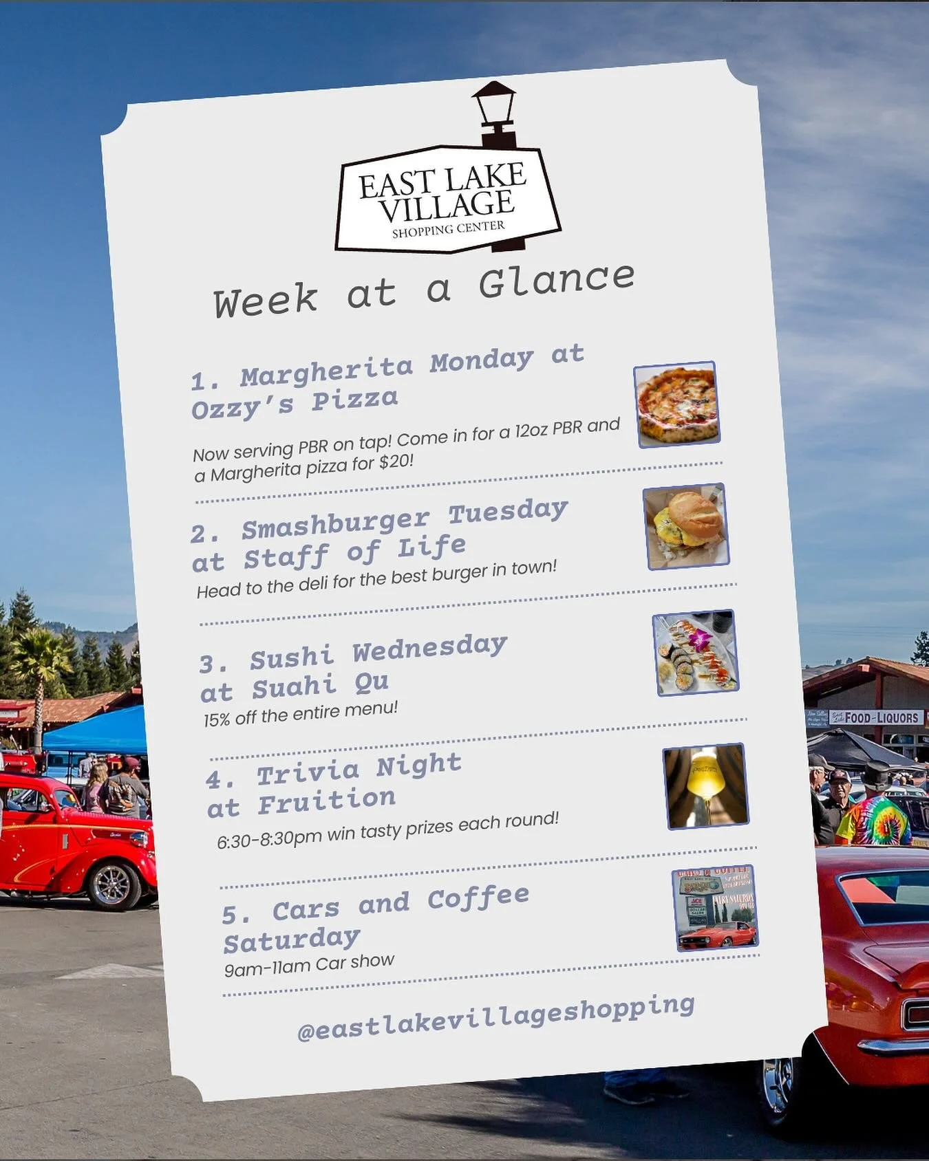 📍 Conveniently located off HWY 129 &amp; 152 with covered &amp; open patios for a great shopping day in any weather.
Come for the cars, stay for the community spirit! See you at East Lake Village Shopping Center.

#EastLakeVillage #CarsAndCoffee #Sh