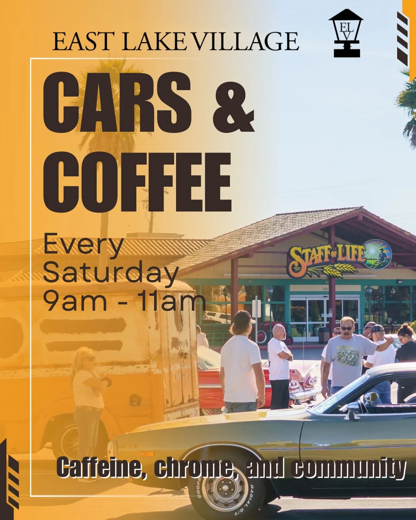 Start your Saturday with coffee, chrome, and community at East Lake Village. 🚘 ☕️ 

Cars &amp; Coffee is on this week from 9&ndash;11 AM this Saturday (and every Saturday) &mdash; come for the cars, stay for the coffee, breakfast, and all your weeke
