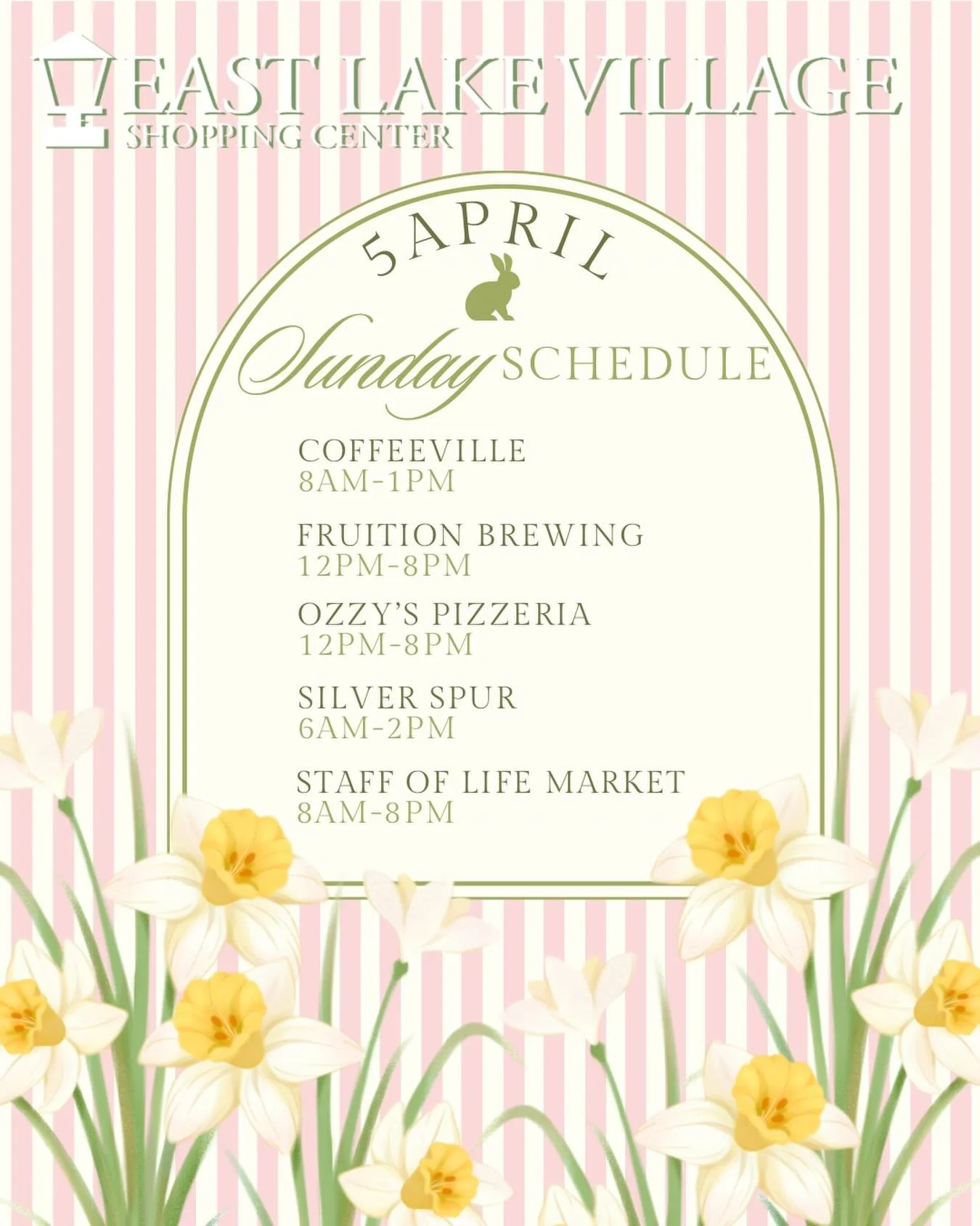 Sunday plans at East Lake Village 🌷🐇 
Sip, shop, and stay awhile with our Sunday schedule: 
☕️ Coffeeville: 8AM&ndash;1PM 
🍺 Fruition Brewing: 12PM&ndash;8PM 
🍕 Ozzy&rsquo;s Pizzeria: 12PM&ndash;8PM 
🥞 Silver Spur: 6AM&ndash;2PM 
🛒 Staff of Lif