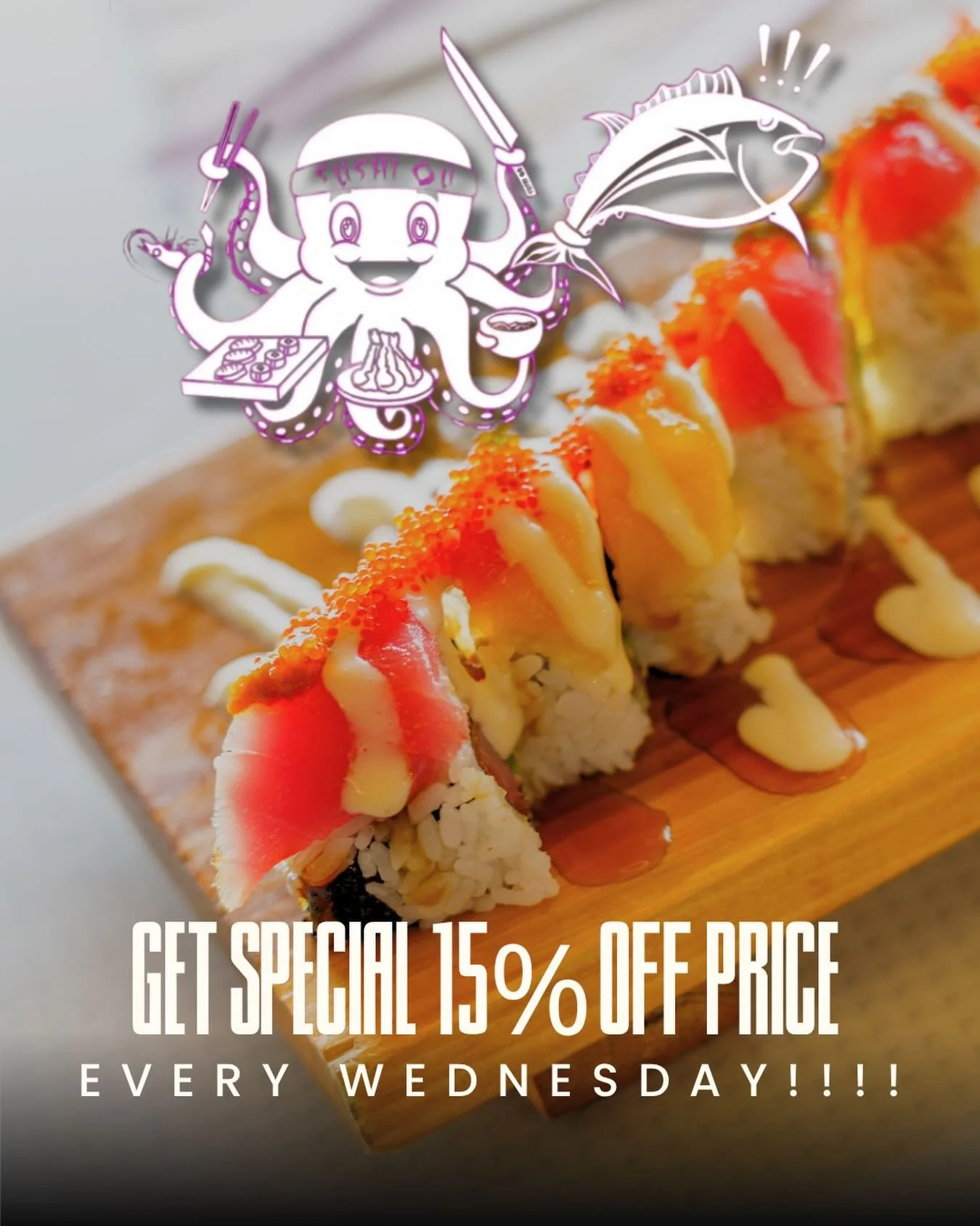 Enjoy 15% off all food items at @sushiquwatsonville every Wednesday when you treat yourself to your favorite rolls, plates, and bites all day long.🍣🍱

Bring your sushi-loving crew, order round after round, and make midweek dinner the highlight of y