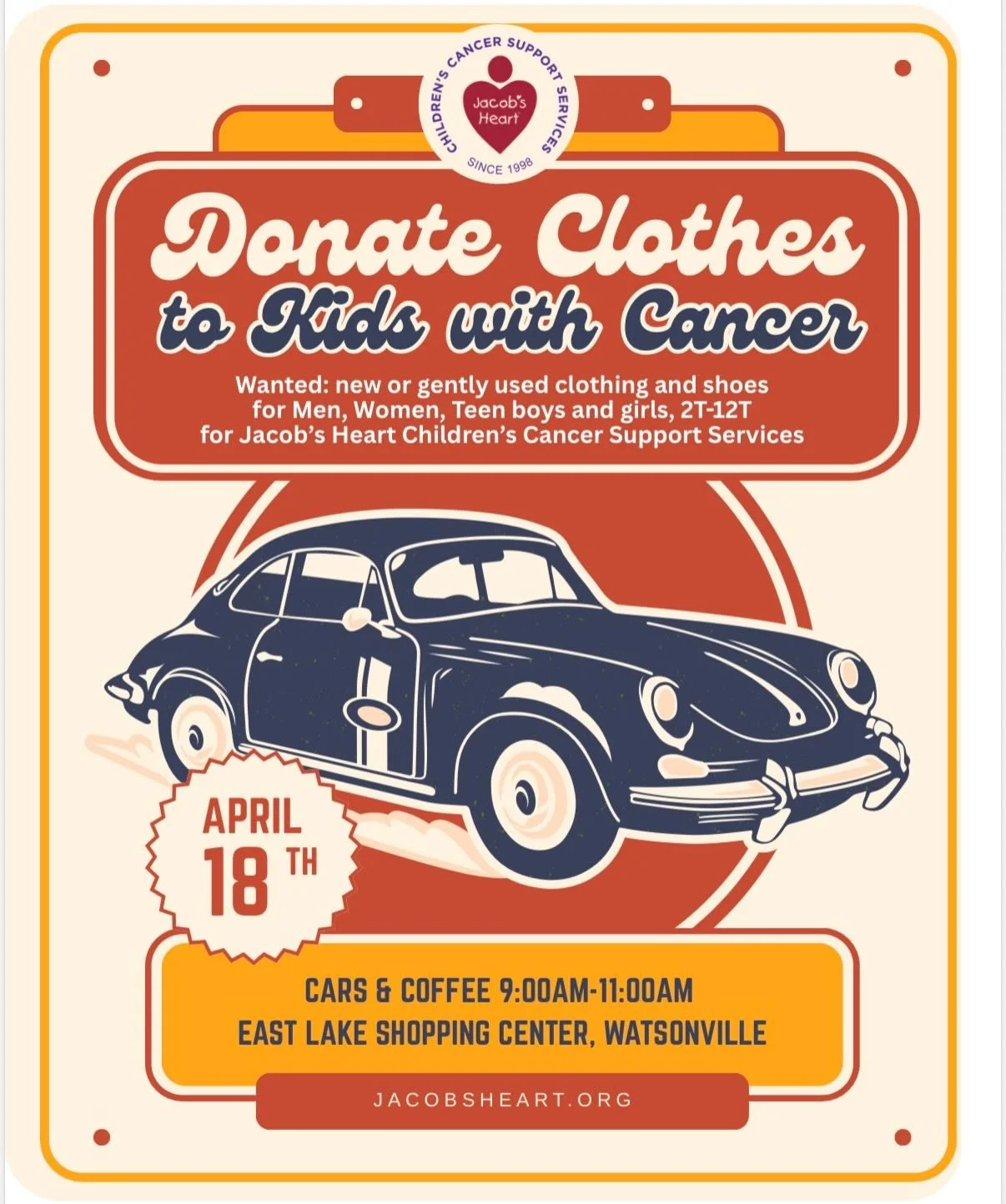 Donate Clothes to Kids with Cancer 🚗💜
@carsandcoffeewatsonville is this Saturday and we&rsquo;re filling those trunks with love for @jacobsheartkids 

Bring new or gently used kids&rsquo; clothes and shoes (sizes 2T&ndash;12T, plus items for teens 