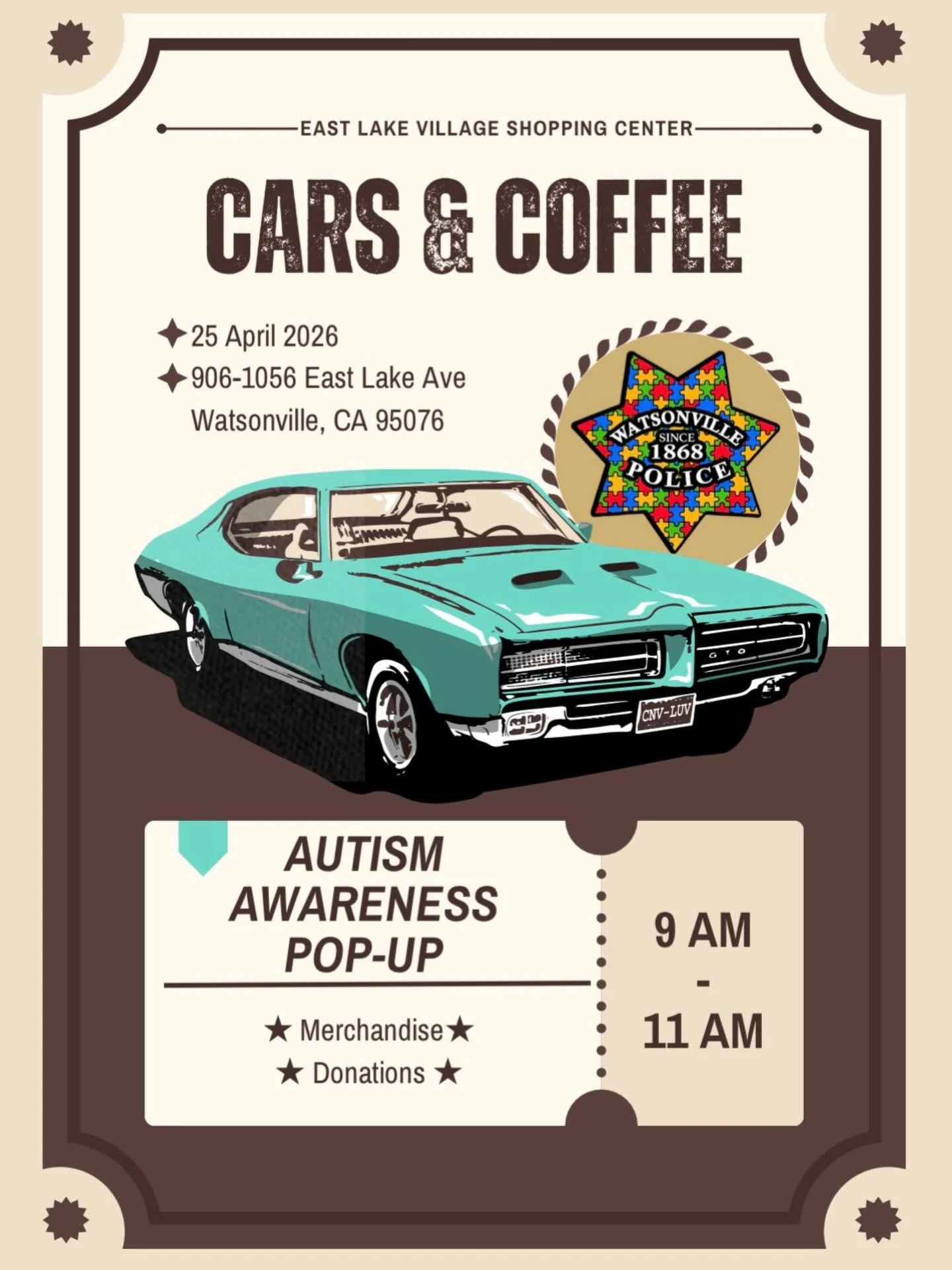 Cars, coffee, and a cause 💙🚗☕
This Saturday 9&ndash;11am &mdash; we are joining forces with the Watsonville Police Department for Autism Awareness. Grab some merch &mdash; kids get a hot wheels! &mdash; make a donation, and hang out with fellow car