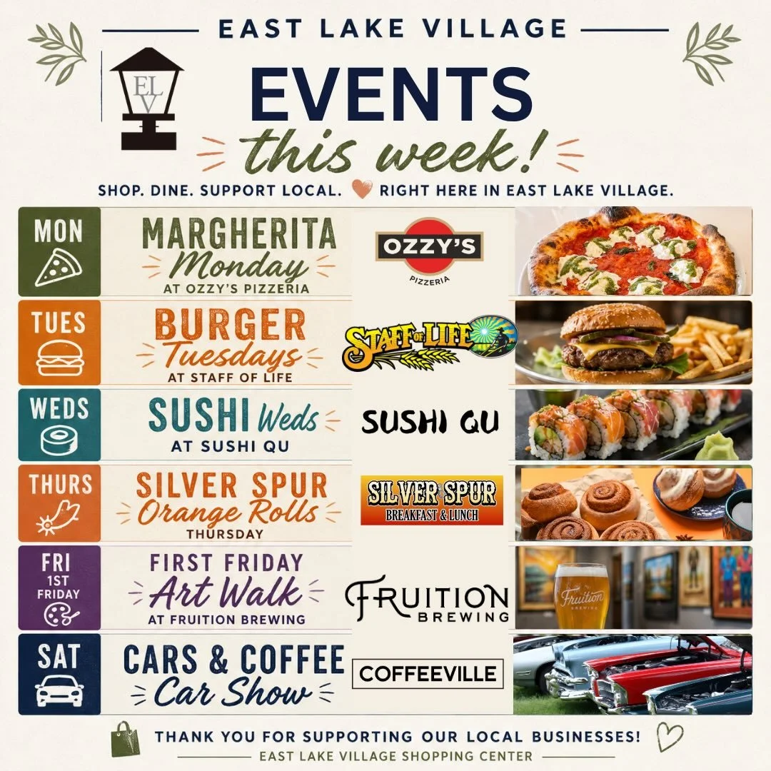 Your week at East Lake Village is basically planned: pizza, burgers, sushi, orange rolls, art, and cars with coffee all in one place. 🧡🧡

#EastLakeVillageShoppingCenter #WatsonvilleEats #SupportLocalWatsonville #CarsAndCoffeeWatsonville #DiscoverWa