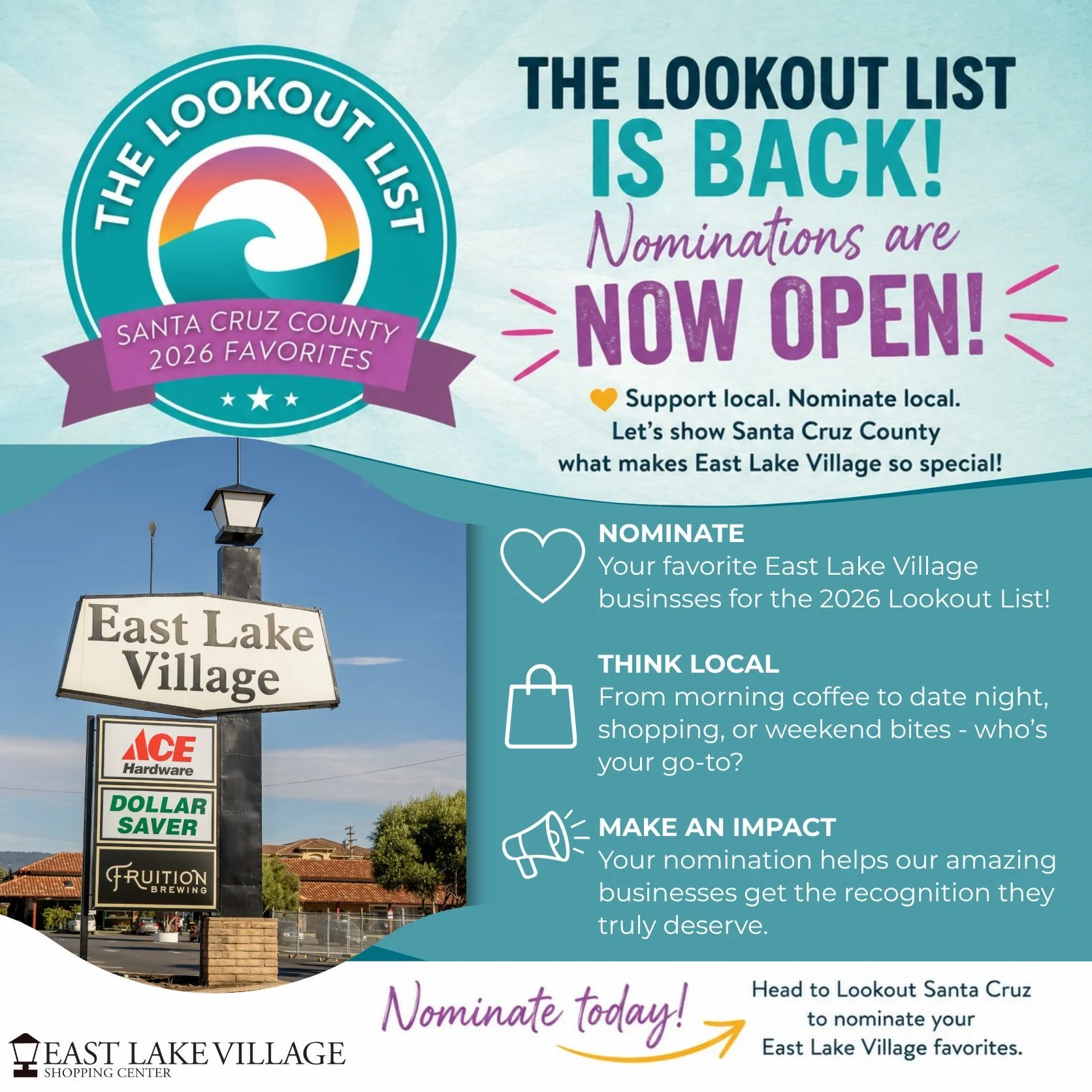 🏆 The Lookout List is back &mdash; and nominations are NOW OPEN! 🏆

We already know East Lake Village is home to some pretty incredible local businesses&hellip; now it&rsquo;s time to help make sure Santa Cruz County knows it too! 💙

If you love s