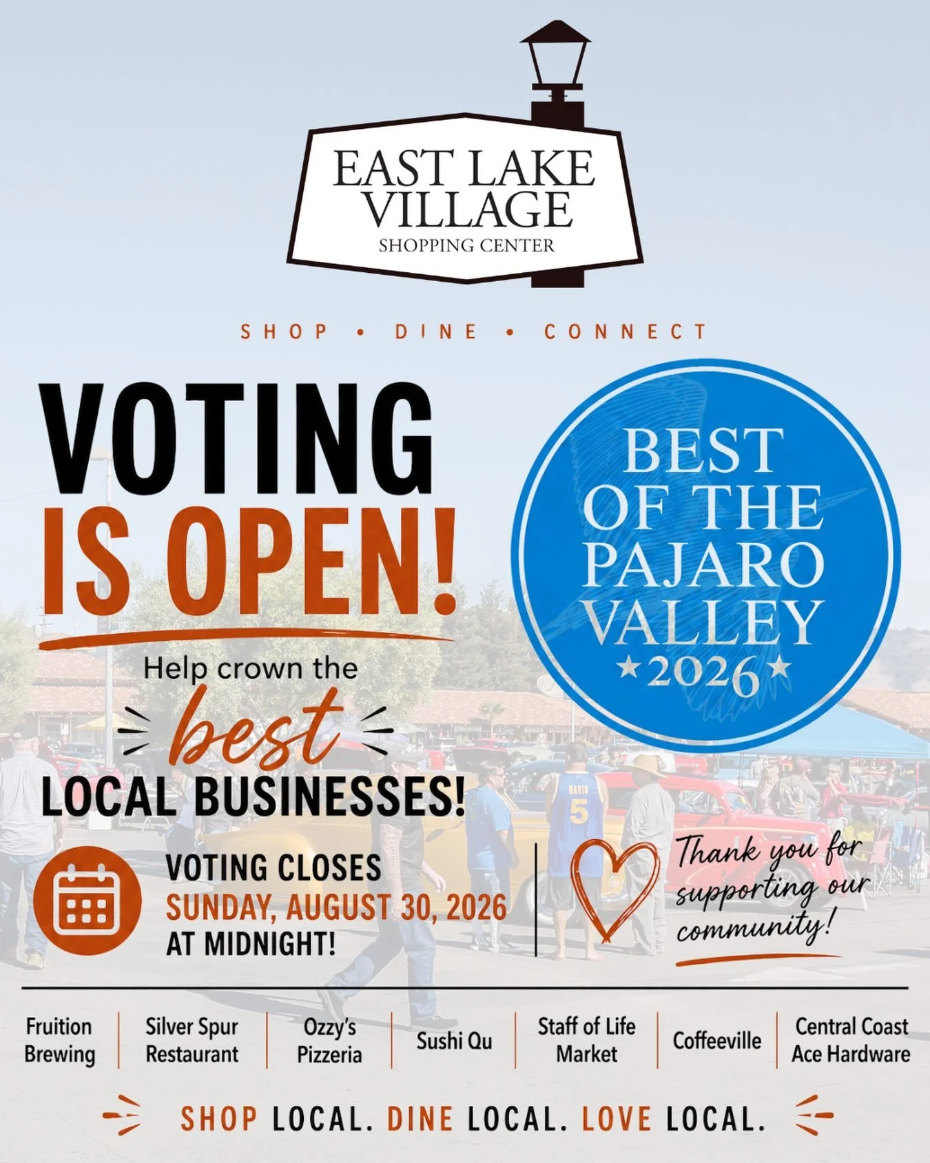 🗳️ It&rsquo;s officially voting season for your favorite local businesses! 🧡

The Pajaronian Best of the Pajaro Valley 2026 voting is OPEN, and we&rsquo;d love to see our incredible East Lake Village businesses get some love!

From your favorite pl