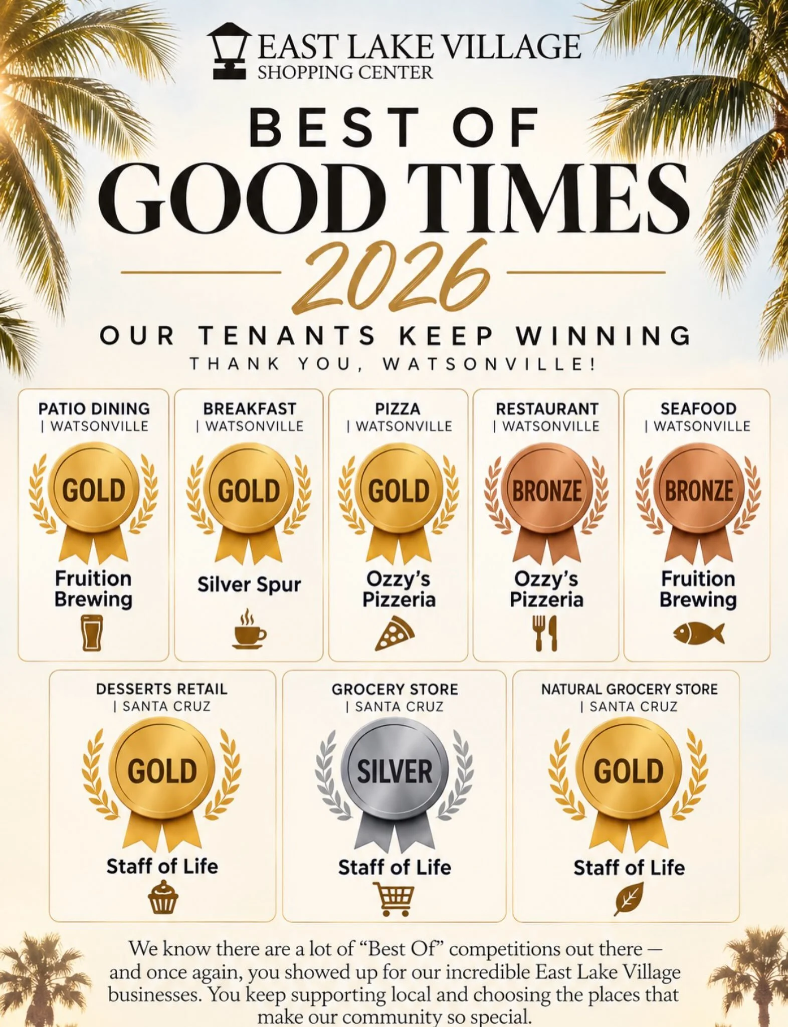 🏆 East Lake Village is bringing home the wins! 🥇🥈🥉

We know there are a lot of &ldquo;Best Of&rdquo; competitions these days, which makes it even more meaningful that you continue to show up and vote for these incredible businesses. ❤️

A huge co