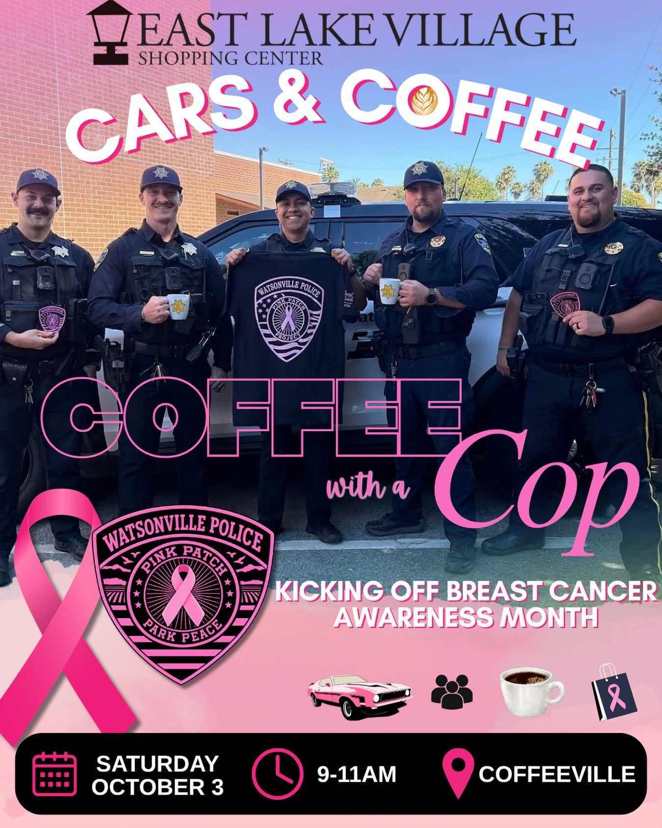 🚗☕ Cars, Coffee &amp; Community for a Cause! 💗

This Saturday, our weekly Cars &amp; Coffee gets an extra special addition! We&rsquo;re teaming up with the @watsonvillepd for Coffee with a Cop and the kickoff of their Pink Patch Project for Breast 