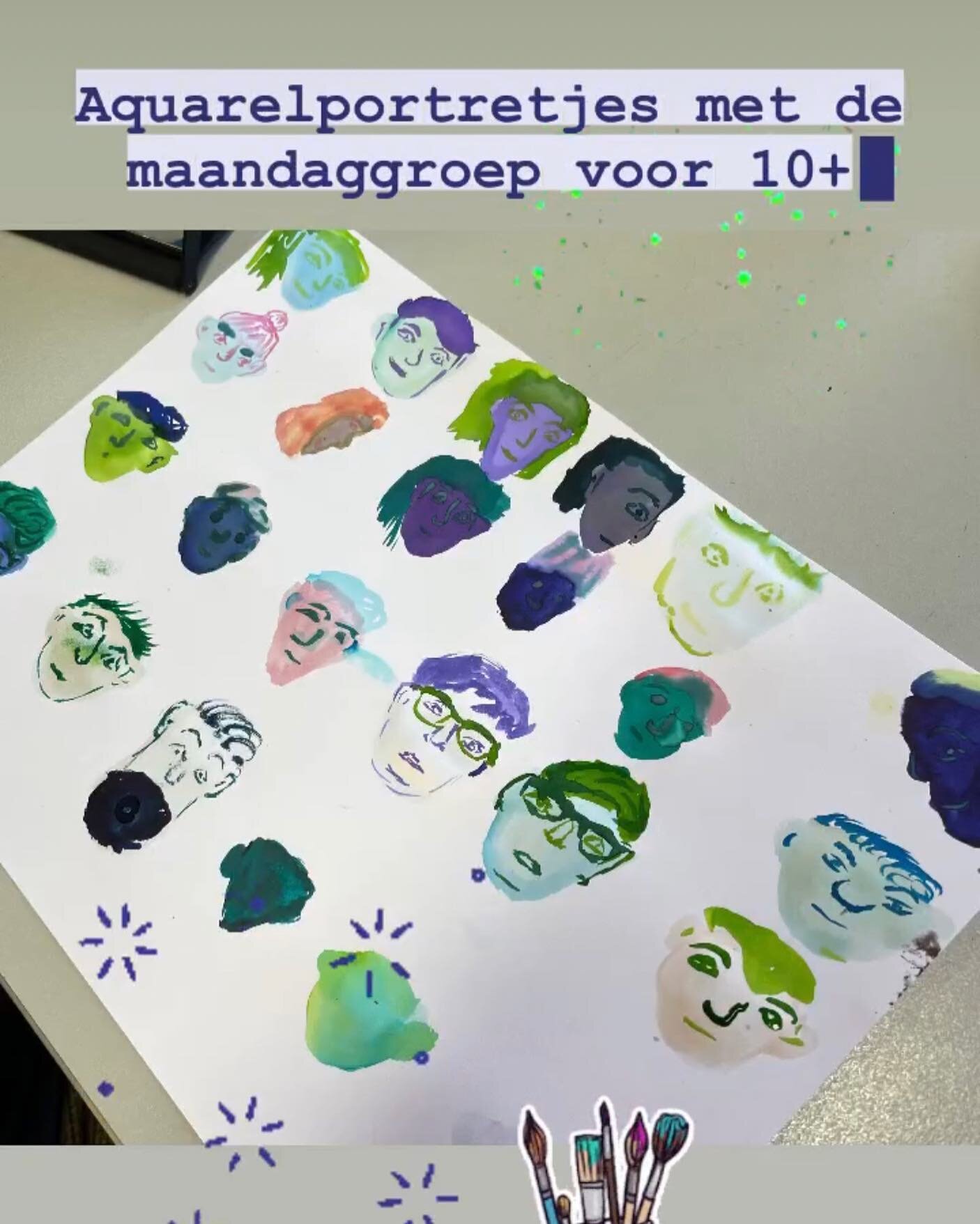 Kleurige portretjes met aquarelverf geschilderd door de maandaggroep voor 10+.