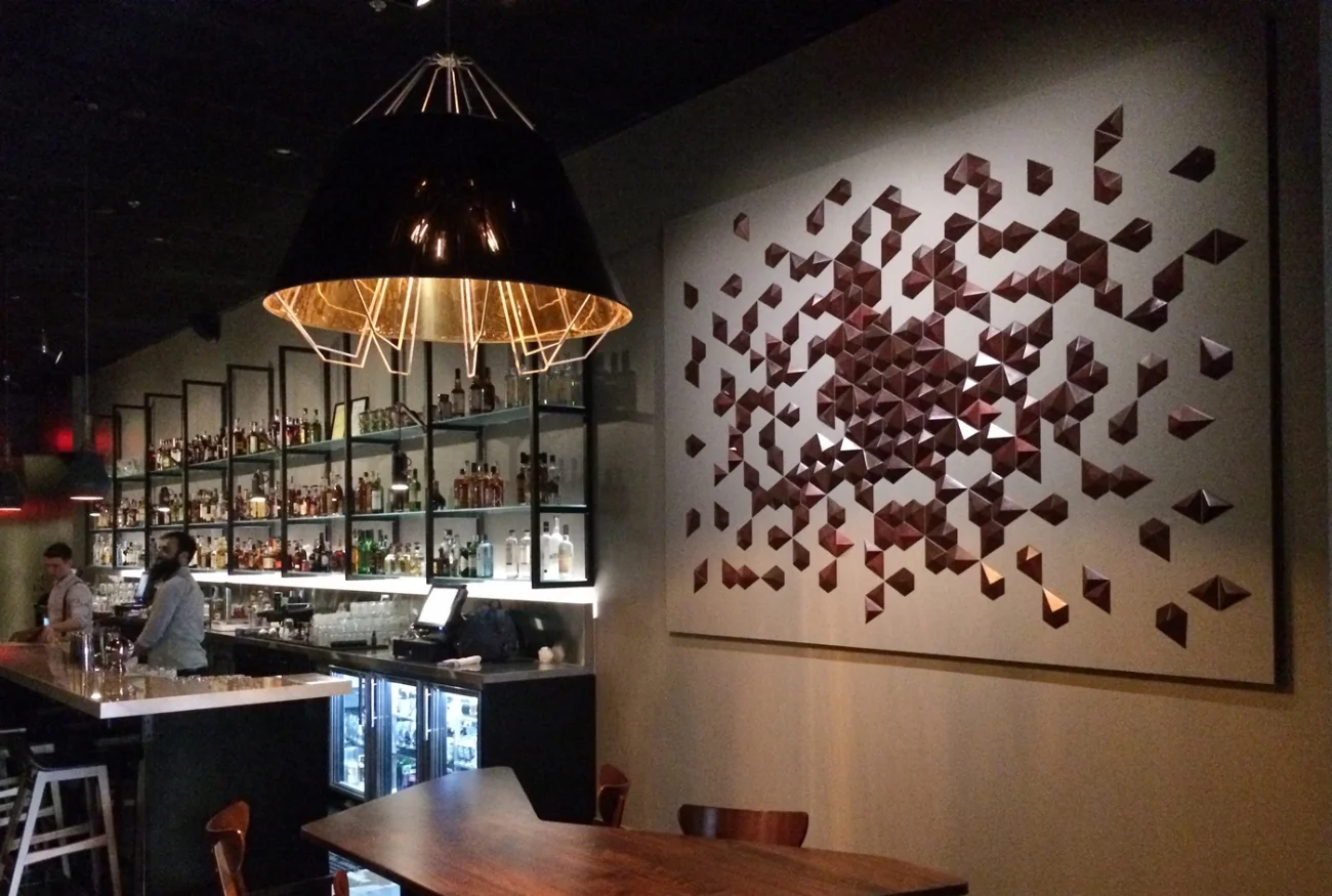 Eck x Shlian, large wall installation in collaboration with Matthew Shlian for Night Cap in Ann Arbor, MI
