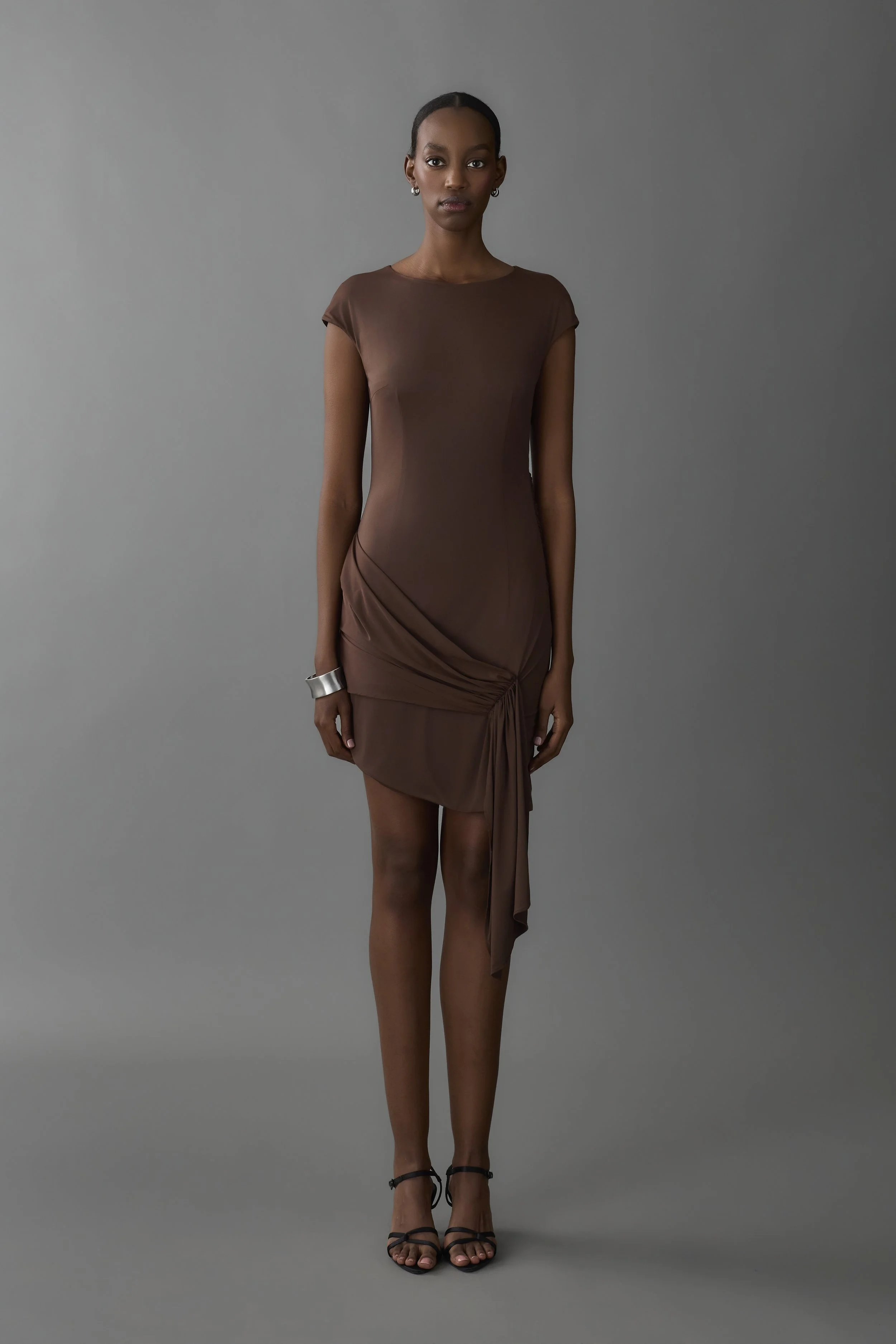 Brown Ruched Drape Cascade Mini Dress 8.jpg