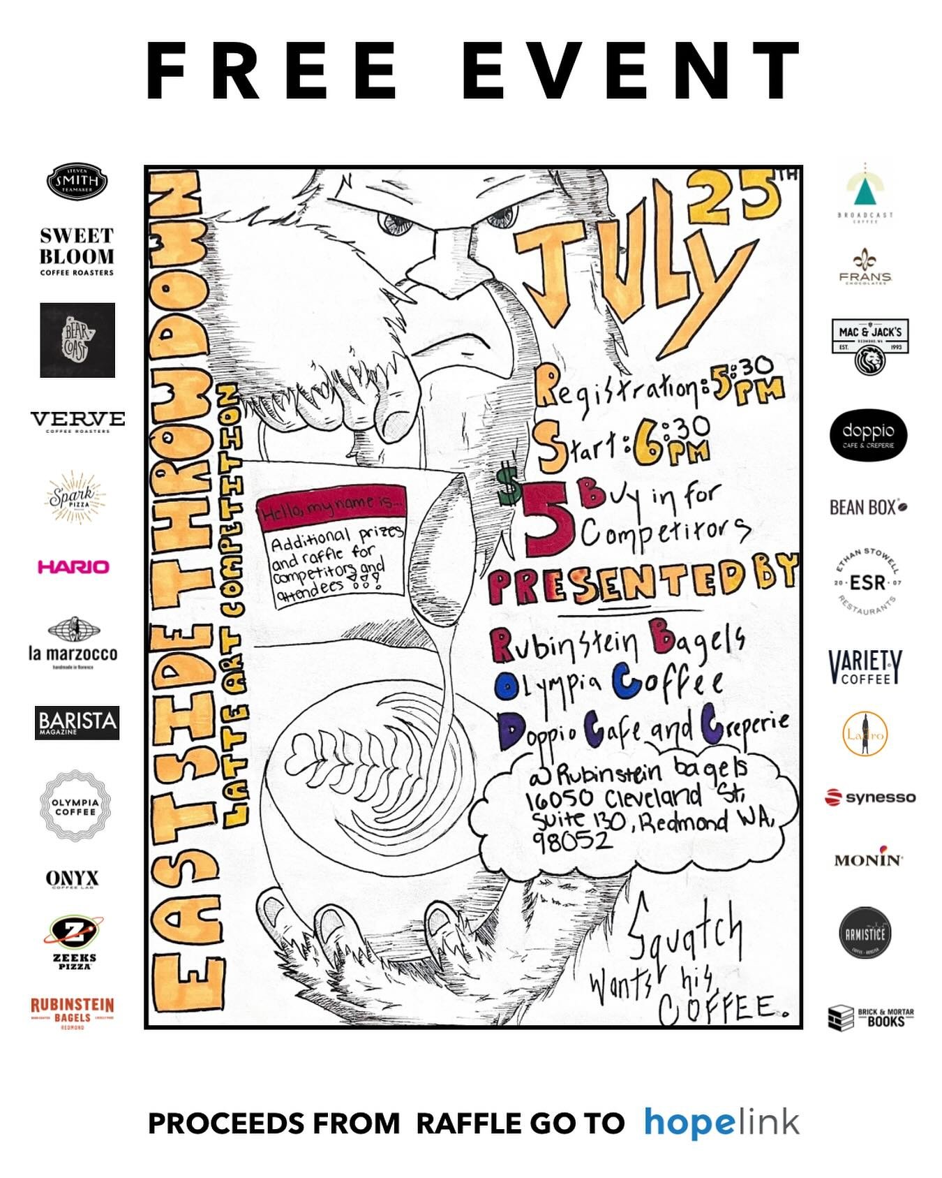 Latte art competition on July 25 at Rubinstein Bagels in Redmond! Any baristas are invited to compete! Aside from the cash prize from the pot, there will be tons more awesome prizes for both competitors and attendees from our more than 20 terrific sp