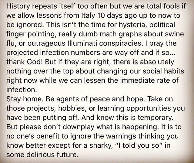 History repeats itself too often but we are total fools if we allow lessons from Italy 10 days ago up to now to be ignored. This isn&rsquo;t the time for hysteria, political finger pointing, really dumb math graphs about swine flu, or outrageous Illu