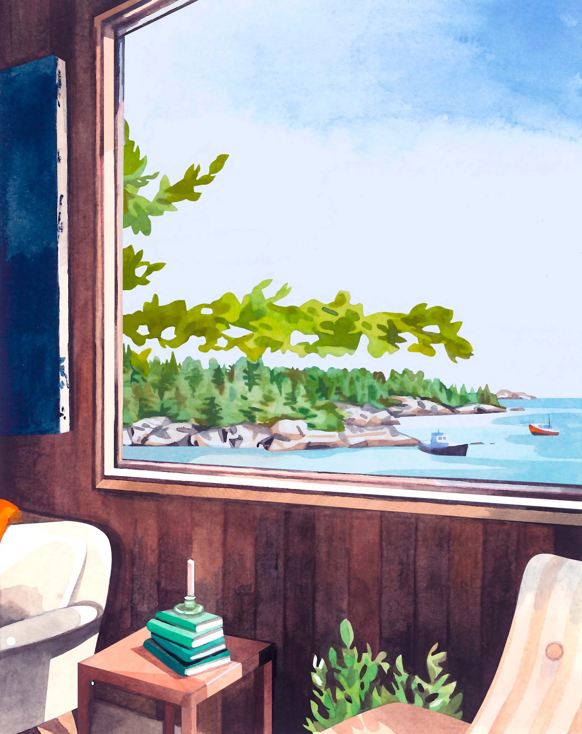 Maine
Ma maison de rêve sur le bord de l’océan, photographiée par Carley Rudd.
Gouache sur papier Arches, 2024.