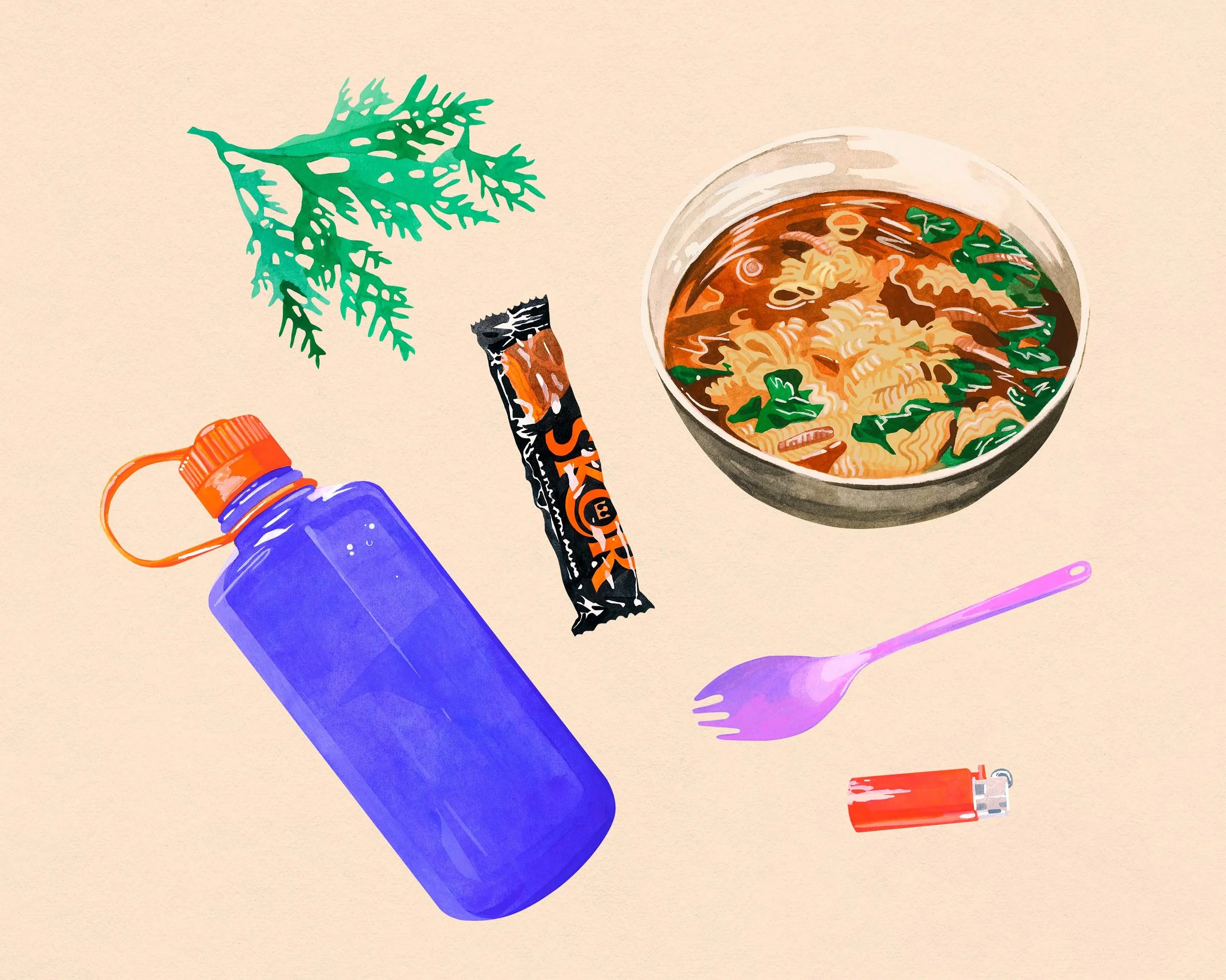 Hiker’s Delight
Un incontournable repas de randonnée, branche de cèdre optionnelle.
Gouache sur papier Arches, 2024.