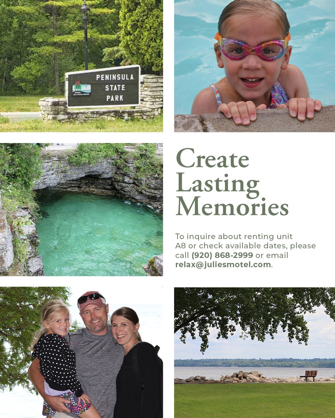 Door County moments that stick with you long after you&rsquo;ve unpacked your bags. Whether it&rsquo;s a swim in the pool, a hike through Peninsula State Park, or a quiet evening by the shore&mdash;A8 Evergreen Hill is your home base for it all.