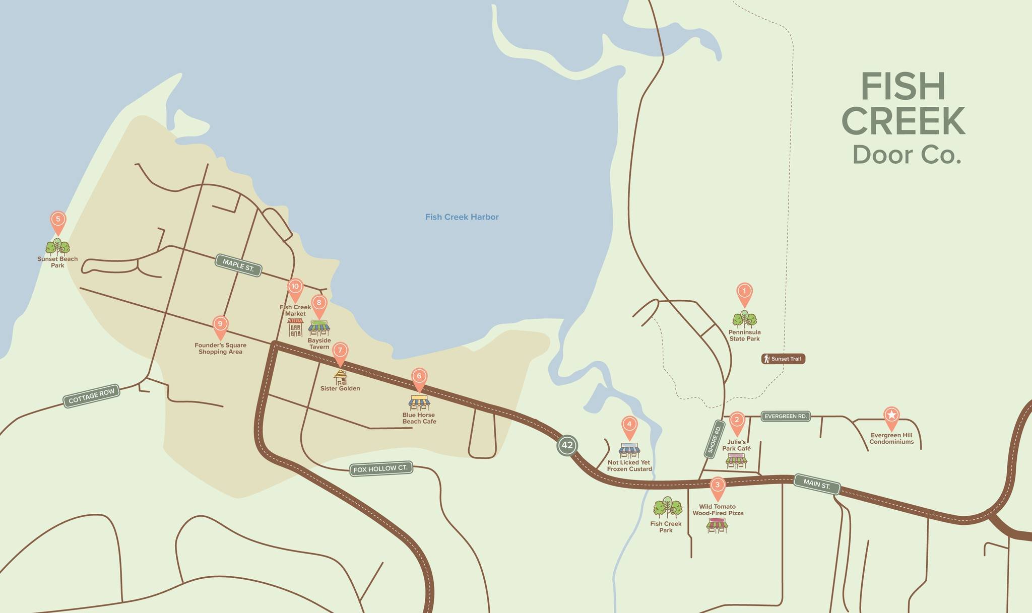 Top 10 Walkable Spots from A8 at Evergreen Hill 🚶&zwj;♀️🌲

One of the best parts of staying at A8 is how close it is to so many Fish Creek favorites&mdash;each one just about a mile or less away! Whether you're craving nature, good food, or a littl