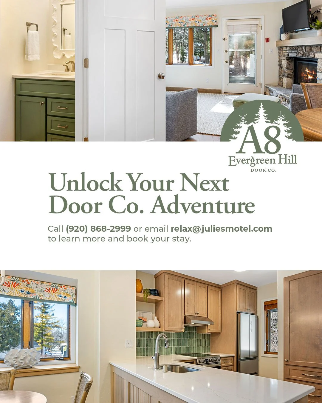 Fall and winter in Door County = cozy comfort + unbeatable value 🍁💰
A8 Evergreen Hill offers a full kitchen, three queen beds, and all the charm of downtown Fish Creek&mdash;at AMAZING off-season rates.

🌲How to Book Your Stay
To rent A8 Evergreen