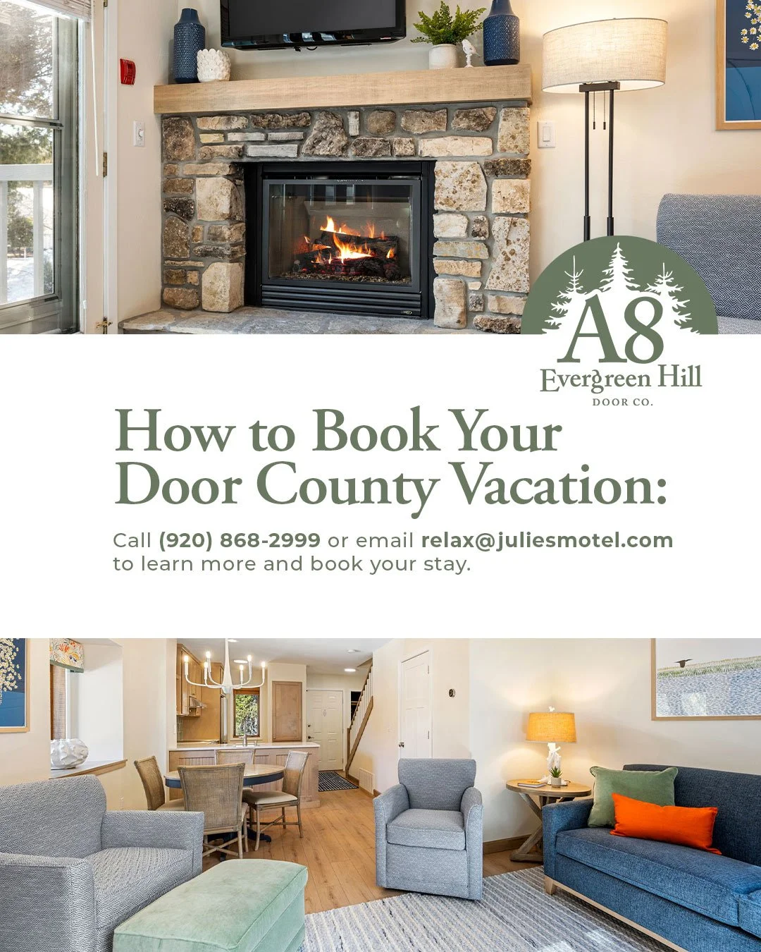 🌲How to Book Your Stay
To rent A8 Evergreen Hill, call or email Julie's Park Cafe &amp; Motel.
📞 (920) 868-2999
📧 relax@juliesmotel.com

Vacation Rental | Fish Creek | Door County | Interior Design