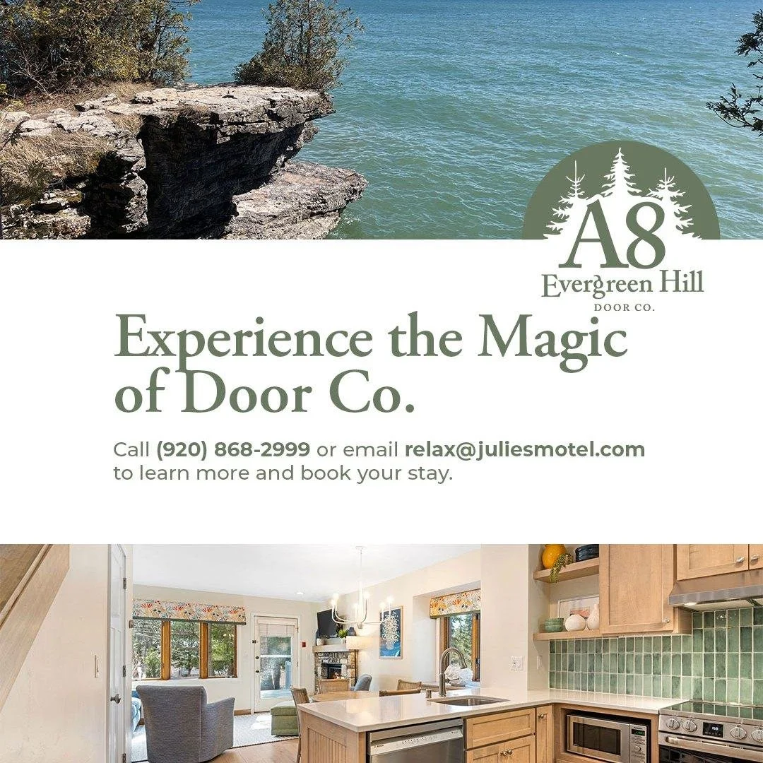 Door County | Vacation Rental | Fish Creek 

🌲How to Book Your Stay
To rent A8 Evergreen Hill, call or email Julie's Park Cafe &amp; Motel.
📞 (920) 868-2999
📧 relax@juliesmotel.com
Ask for A8!